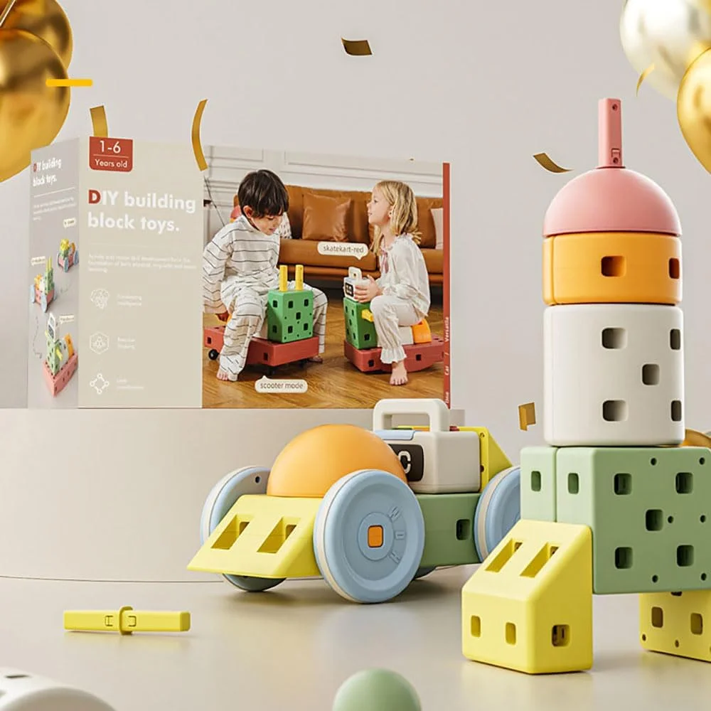 بلوک های ساختمانی ماشین آلات مهندسی برای کودکان نوپا، 44 قطعه بلوک پلاستیکی با چرخ، مجموعه ساخت و ساز خلاقانه، مجموعه پازل مونتاژ ذرات بزرگ برای پسران و دختران پیش دبستانی 1-6 ساله (چند رنگ)