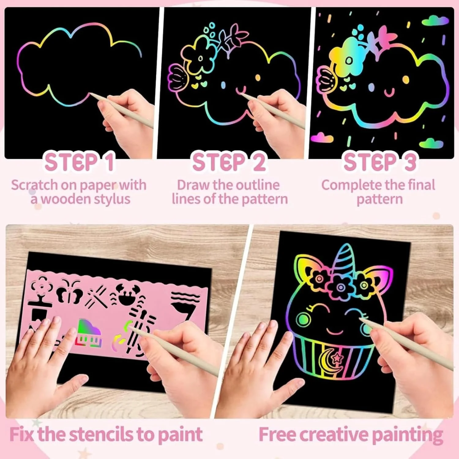 مجموعه هنر خراش کاغذ مومو بیر، 50 تکه جادوی رنگین کمانی برای کاردستی کودکان با 5 قلم چوبی هدیه تخیل خلاقیت بازی مهمانی تولد