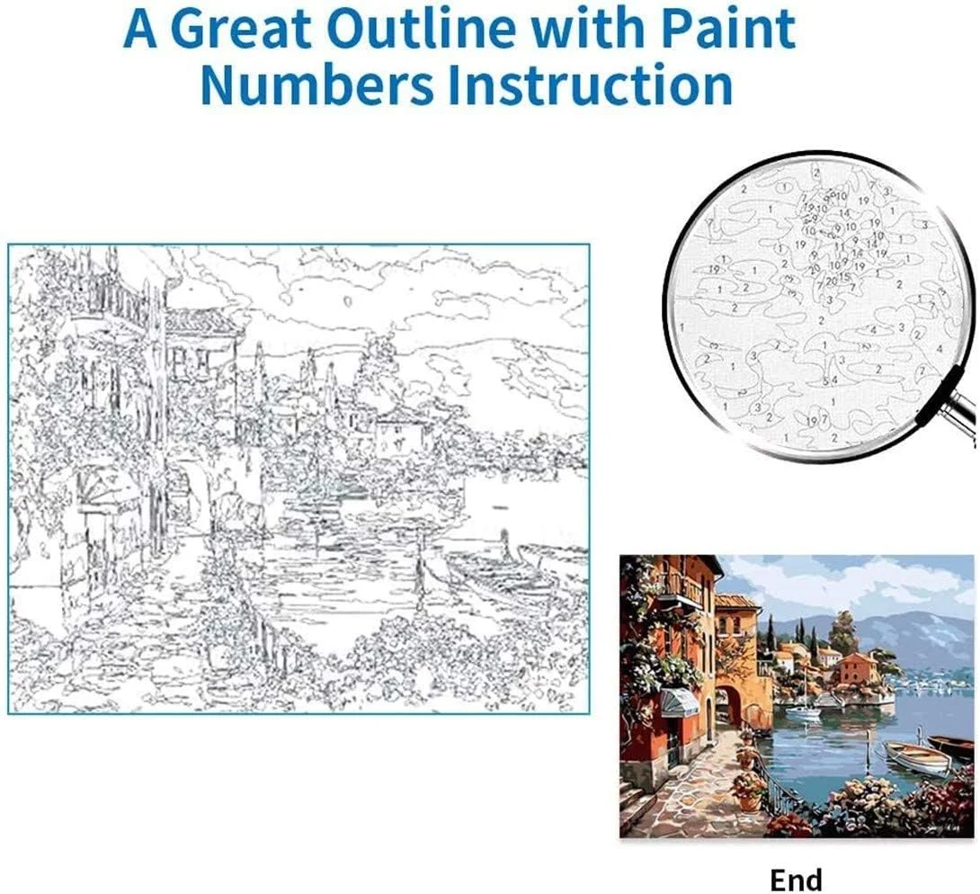 مومئو بر نقاشی با اعداد، کیت نقاشی رنگ روغن بوم برای کودکان و بزرگسالان، 40 در 50 سانتی متر، نقاشی با قلم مو، رنگدانه اکریلیک (منظره بندر)