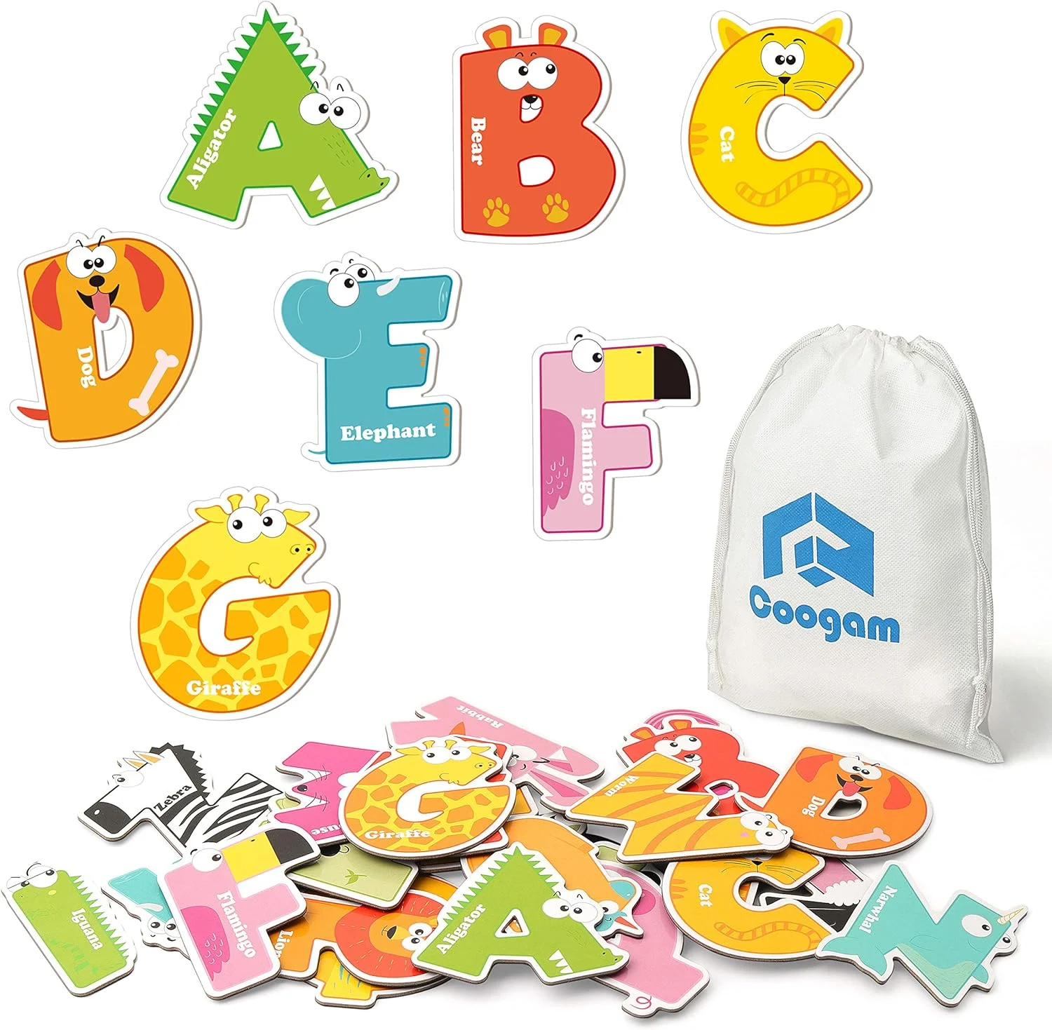کوگام حروف الفبای مغناطیسی 26 عددی، حروف بزرگ الفبا با طرح حیوانات رنگارنگ، آهنربای یخچالی بزرگ، مجموعه اسباب بازی آموزشی برای یادگیری املا مناسب کودکان 3، 4 و 5 ساله
