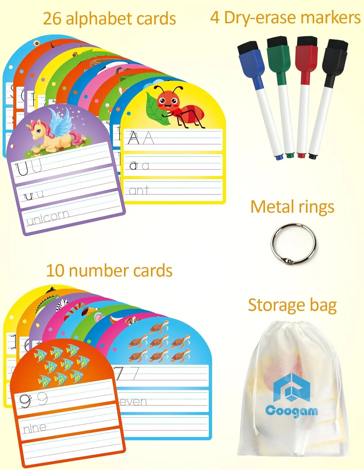 36 عدد کارت تمرین الفبا و اعداد کوگام، کارت های آموزشی الفبا با قابلیت نوشتن و پاک کردن، کارت های دو طرفه تمرین حروف ABC با قابلیت پاک شدن، اسباب بازی آموزشی مونته سوری برای کودکان پیش دبستانی 3، 4 و 5 ساله