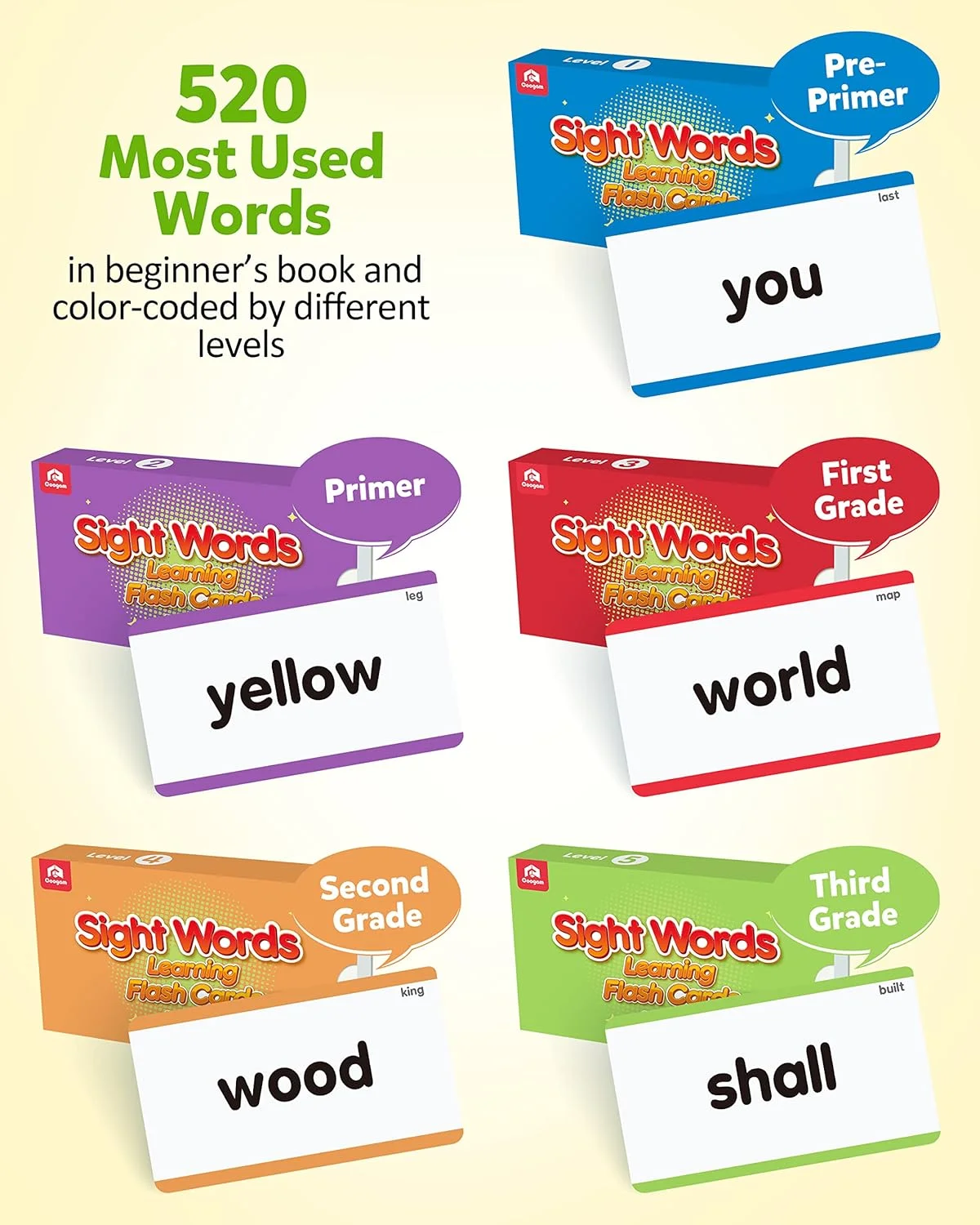 فلش کارت های آموزشی لغات Coogam 520، اسباب بازی آموزشی مونته سوری Dolch Fry با فرکانس بالا برای پیش دبستانی، مهد کودک، کلاس اول، دوم، سوم دبستان و آموزش در منزل