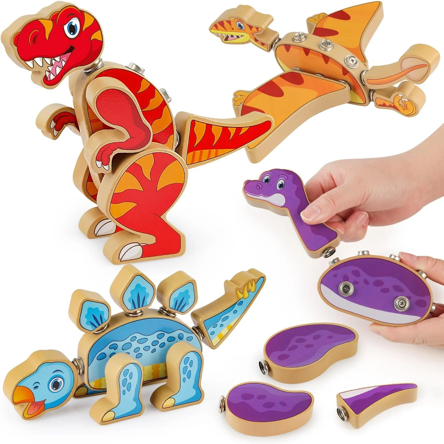 مجموعه بلوک ساختمانی دایناسور Coogam، سازندگان دایناسور چوبی با اتصال فشاری، مجموعه بازی دایناسور STEM، هدیه اسباب بازی آموزشی مهارت های حرکتی ظریف برای کودکان 3، 4 و 5 ساله