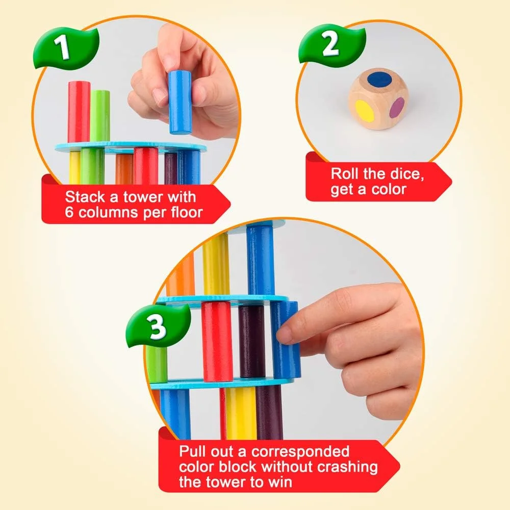 بازی برج چوبی کوگام، بلوک های ساختمانی مونته سوری با مهره، اسباب بازی برج کج شونده، بازی های خانوادگی مهمانی برای کودکان و بزرگسالان