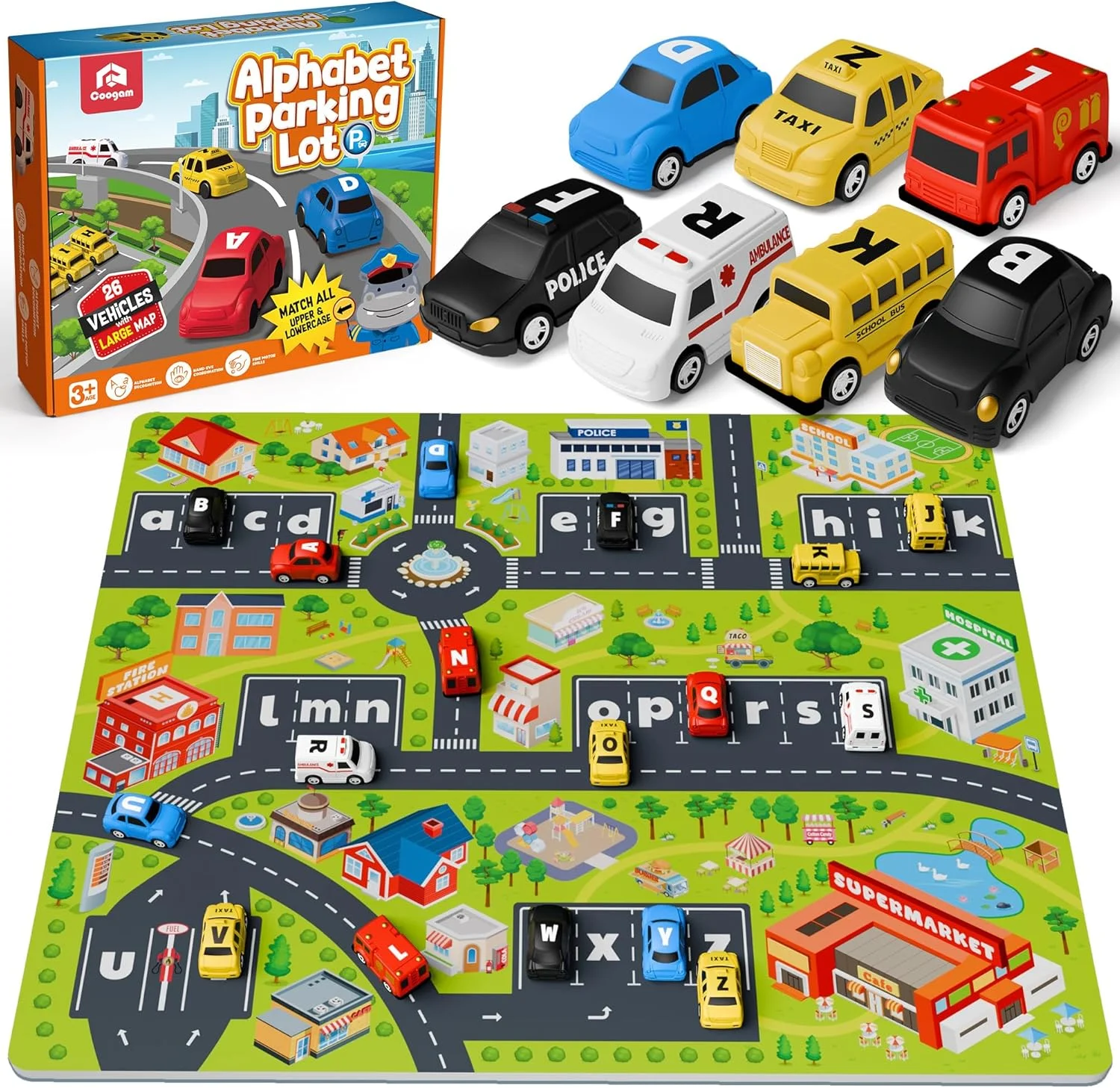 لابیرنت الفبا کوگام، 26 عدد ماشین عقب کشیدنی با زیرانداز بازی، بازی تطبیق حروف پیش دبستانی برای کودکان 3، 4 و 5 ساله، اسباب بازی آموزشی حرکتی ظریف هدیه برای کودکان نوپا