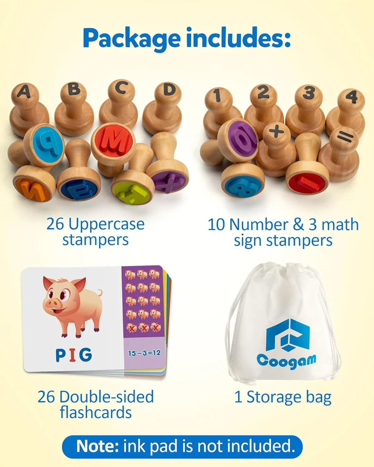 مجموعه کارت های آموزشی الفبا و اعداد چوبی کوگام، مُهرهای حروف الفبا و مُهرهای اعداد ریاضی، لوازم هنری و صنایع دستی، اسباب بازی آموزشی مونته سوری، هدیه برای کودکان 3، 4 و 5 ساله