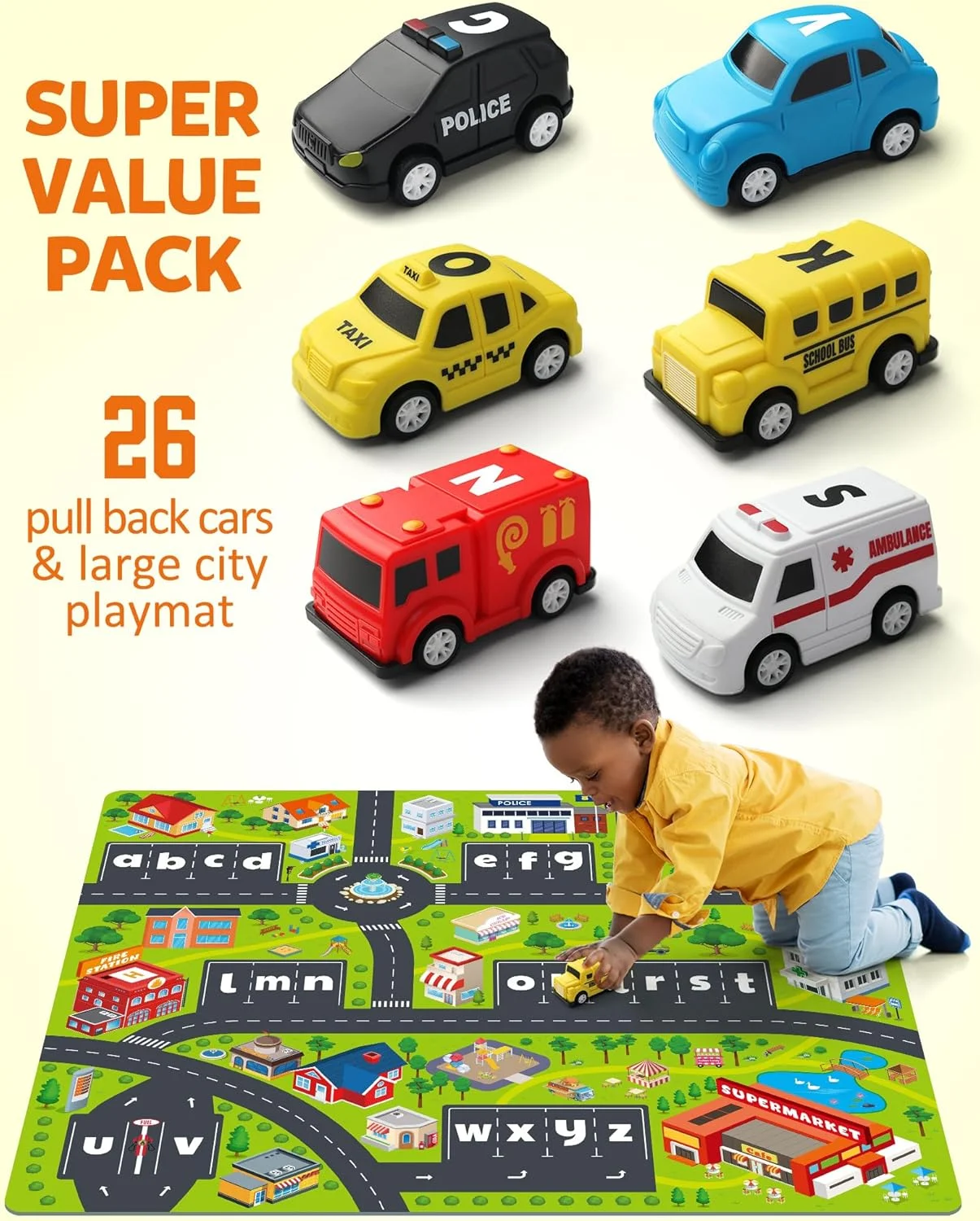 لابیرنت الفبا کوگام، 26 عدد ماشین عقب کشیدنی با زیرانداز بازی، بازی تطبیق حروف پیش دبستانی برای کودکان 3، 4 و 5 ساله، اسباب بازی آموزشی حرکتی ظریف هدیه برای کودکان نوپا