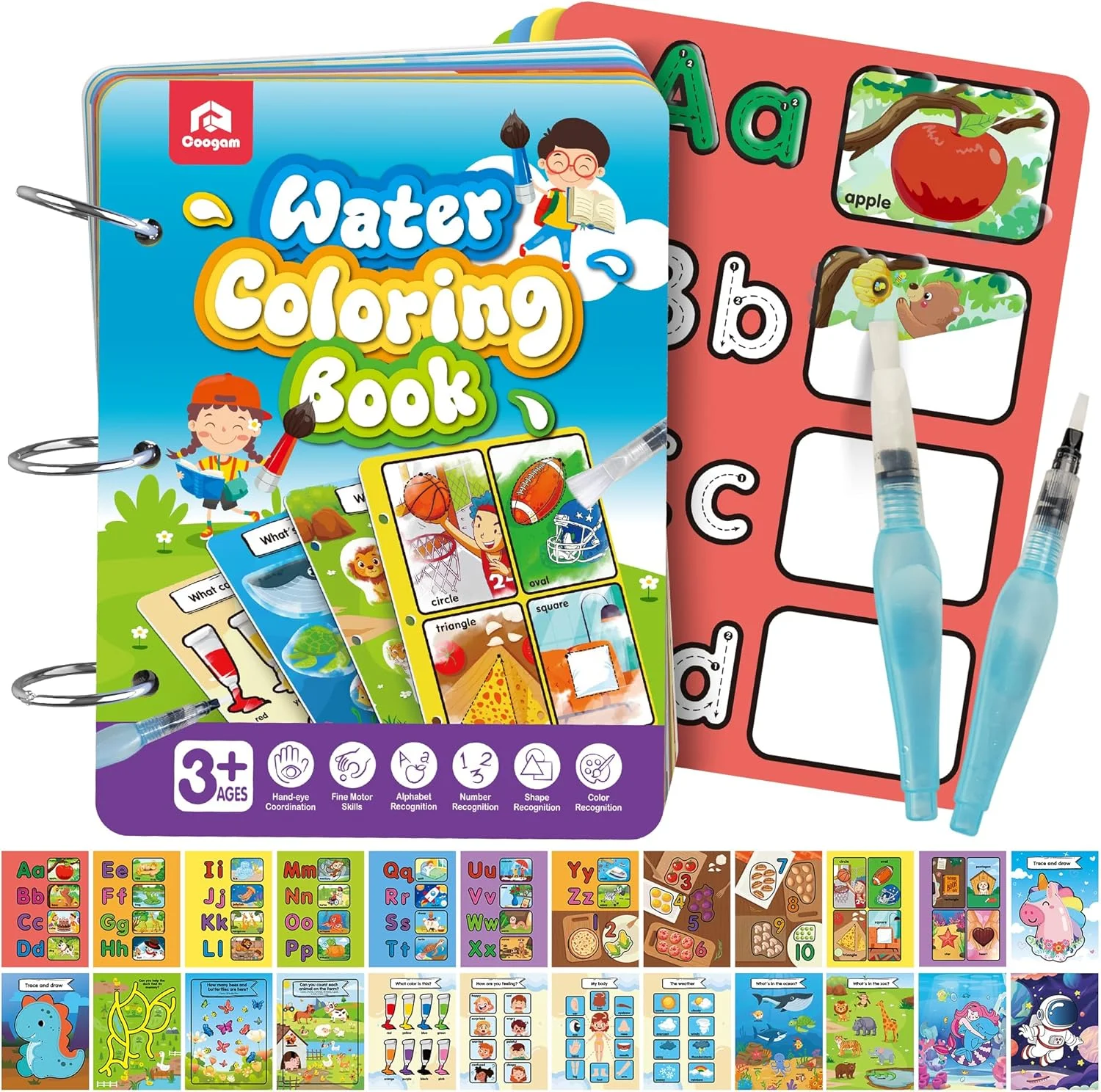 کتاب رنگ آمیزی با آب Coogam، اسباب بازی های نقاشی با آب بدون کثیف کاری، مجموعه 12 صفحه دو طرفه نقاشی با آب، هدیه آموزشی برای کودکان 3، 4 و 5 ساله