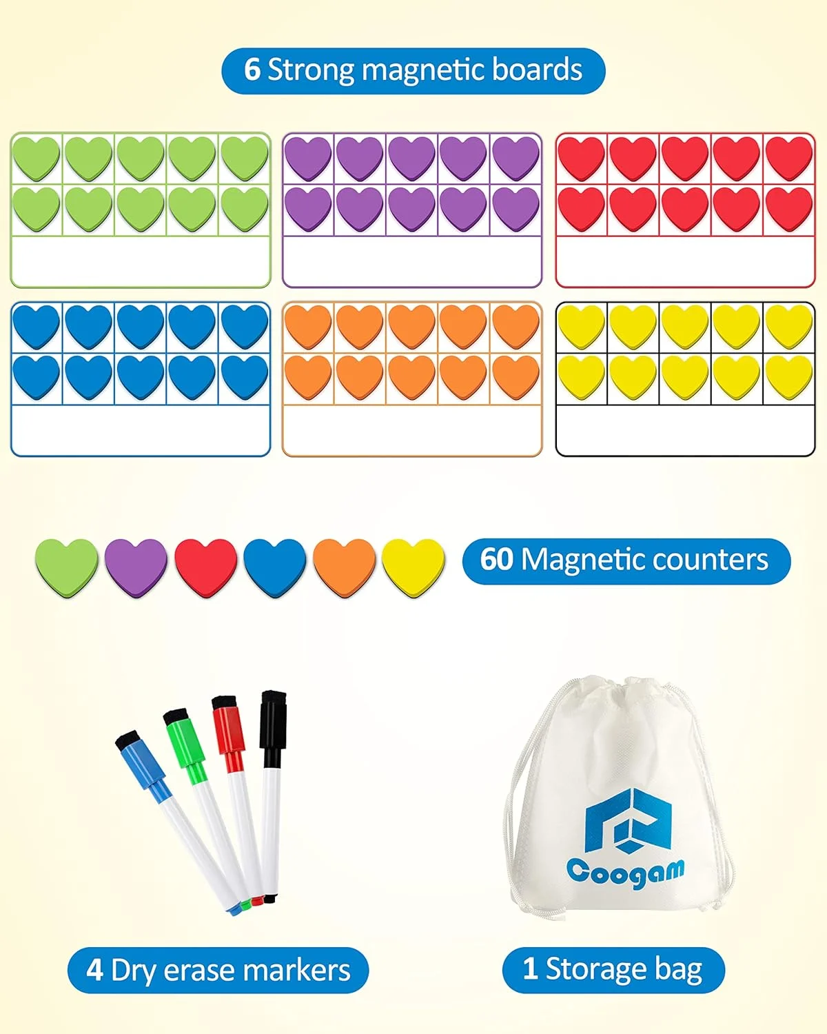 مجموعه ده تایی مغناطیسی کوگام، بازی های دست ورزی ریاضی برای کودکان با 6 صفحه ده تایی و 60 شمارنده مغناطیسی ریاضی، اسباب بازی آموزشی مونته سوری هدیه برای کودکان پیش دبستانی 3 4 5 ساله