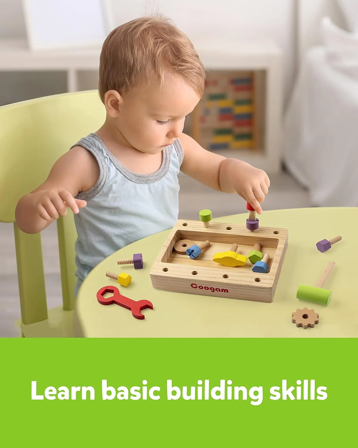 جعبه ابزار چوبی کوگام، مجموعه اسباب بازی ساخت و ساز برای تقویت مهارت های حرکتی ظریف کودکان نوپا، مجموعه جعبه ابزار پیچ و مهره، هدیه آموزشی مونته سوری برای کودکان پیش دبستانی