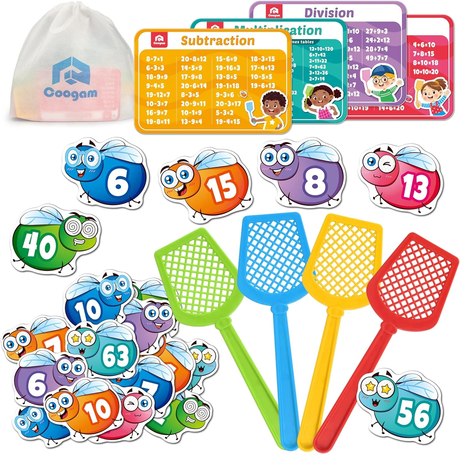 بازی آموزشی ریاضی کوگام، کارت های مگس کشی برای یادگیری ریاضی، تمرین جمع، تفریق، ضرب و تقسیم، اسباب بازی آموزشی مناسب پایه های اول، دوم و سوم دبستان برای آموزش در خانه