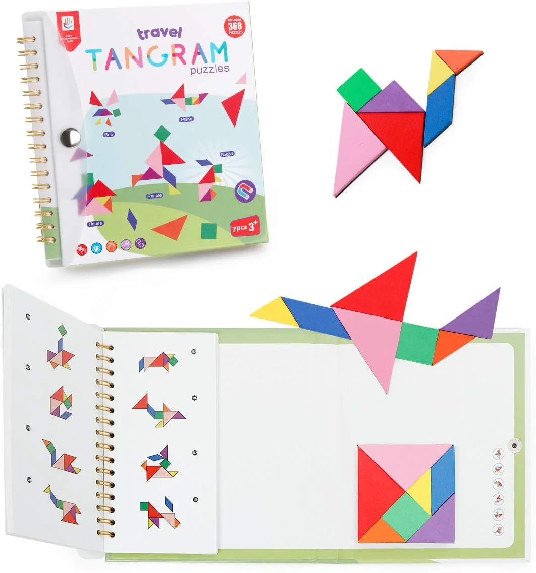 پازل تانگرام مسافرتی کوگام با 3 مجموعه تانگرام مغناطیسی - بلوک های الگو سفر جاده ای بازی های تشریحی اشکال اره منبت کاری اره مویی با راه حل - کتاب هوش اسباب بازی آموزشی هدیه فکری برای چالش بزرگسالان کودک