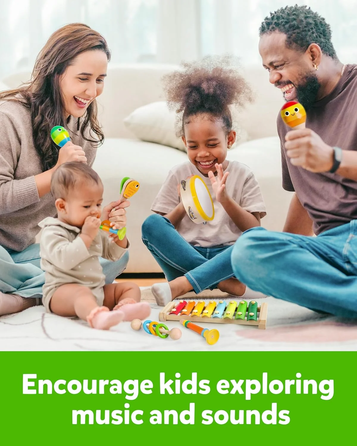 مجموعه اسباب بازی های موسیقی چوبی کوگام برای کودکان نوپا، شامل دایره زنگی، زیلوفون، کاستانت، فلوت و ماراکاس، اسباب بازی موسیقی ریتم کوبه ای چوبی، هدیه آموزشی مونته سوری
