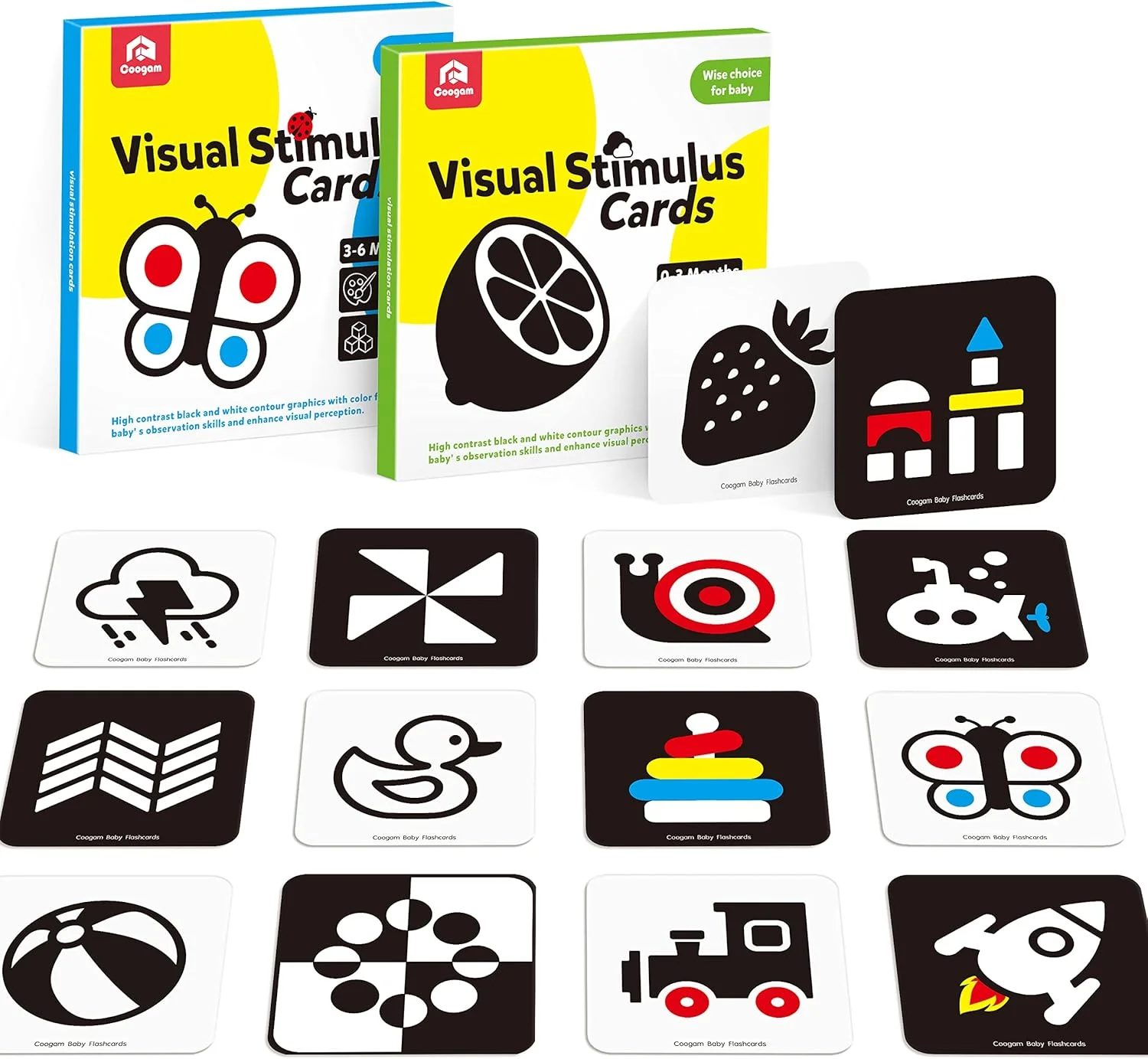 فلش کارت های کنتراست بالا Coogam برای نوزاد، کارت های تحریک بصری سیاه و سفید، کارت فعالیت های آموزشی برای رشد مغز نوزاد 0-6 ماهه، اسباب بازی هدیه برای کودکان نوپا