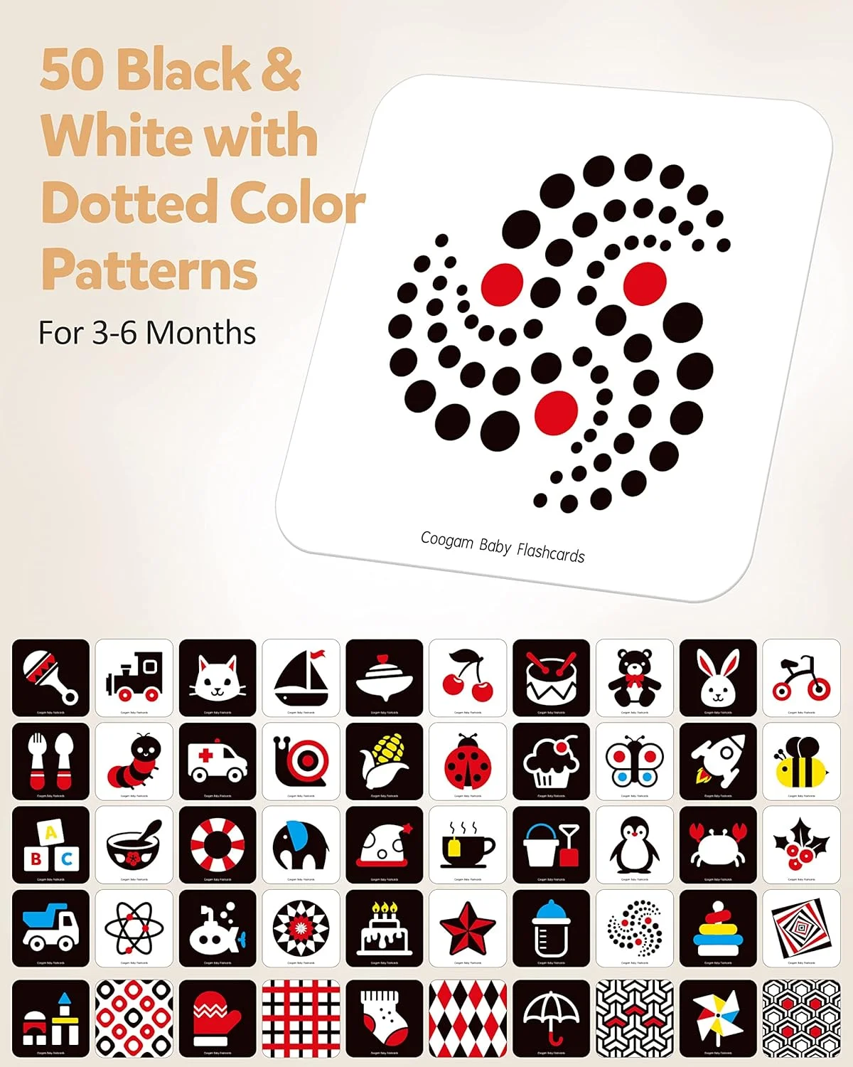 فلش کارت های کنتراست بالا Coogam برای نوزاد، کارت های تحریک بصری سیاه و سفید، کارت فعالیت های آموزشی برای رشد مغز نوزاد 0-6 ماهه، اسباب بازی هدیه برای کودکان نوپا