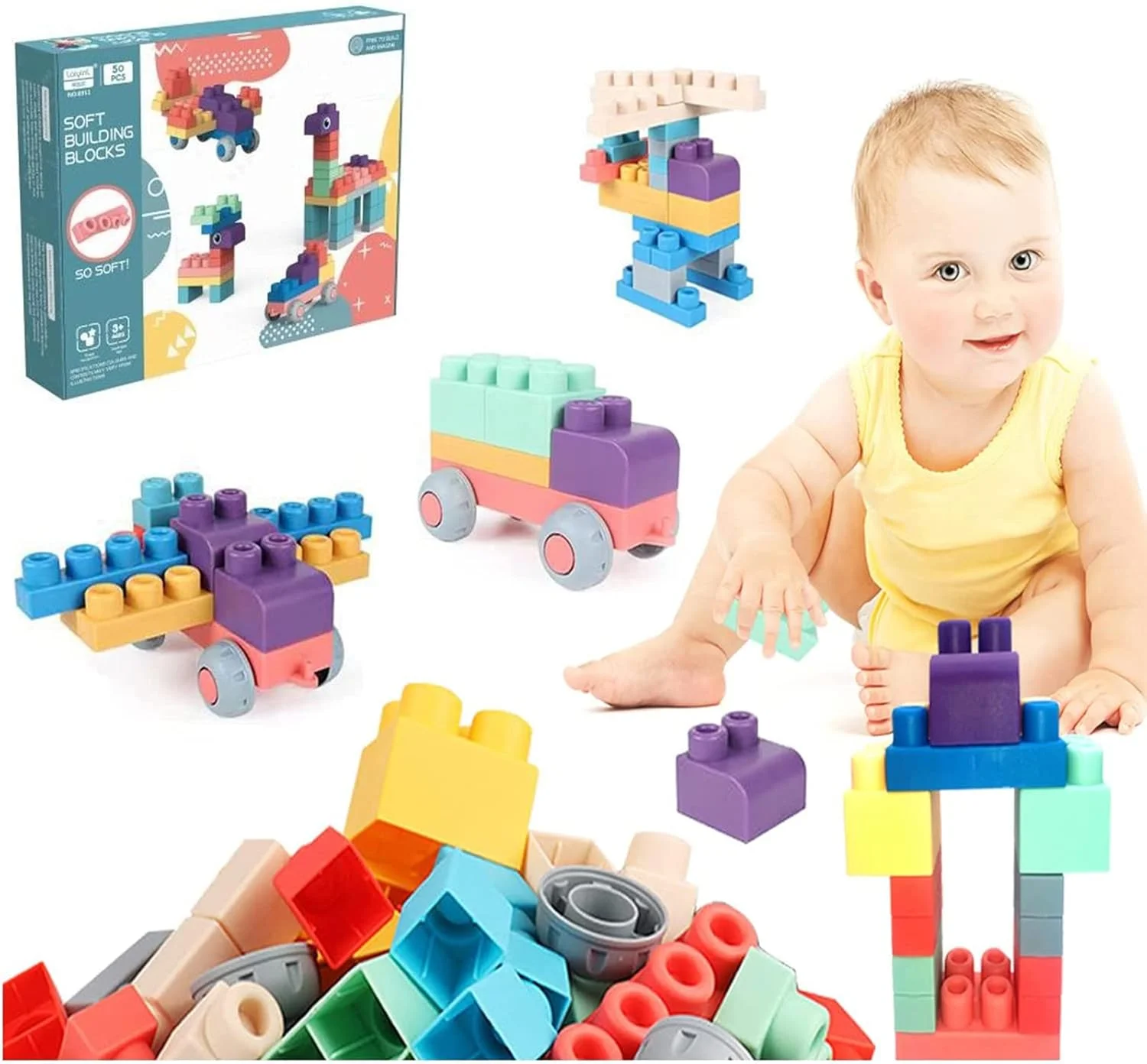 بلوک‌های ساختمانی نرم و انعطاف‌پذیر بوئنتی، اسباب‌بازی آموزشی زودهنگام، قابل جوشاندن و گاز گرفتن، و ساخت یک سنگ چیدمان حسی آموزش پیش‌دبستانی، مناسب برای اسباب‌بازی بلوک‌های کودک 1-3 ساله (50 عددی)