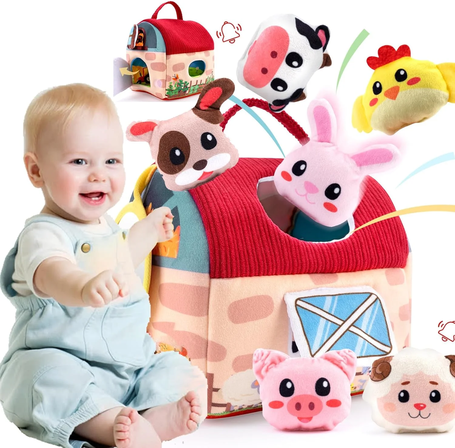 اسباب بازی کودک 6-12 ماه - اسباب بازی مرتب سازی شکل حیوانات مزرعه کوچک با 6 عدد اسباب بازی پولیشی حیوانات مزرعه، جغجغه، کاغذ چروک، آینه - اسباب بازی مونته سوری سرگرم کننده برای نوزادان، اسباب بازی های حسی برای کودکان نوپا 1-3 ساله
