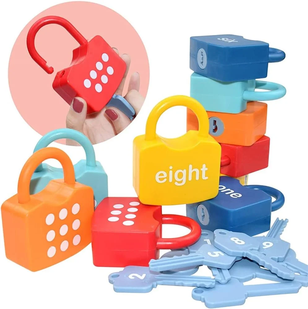 ۱۰ عدد قفل آموزشی کودکانه با کلید، تطبیق اعداد و شمارش، اسباب بازی های آموزشی ریاضی مونته سوری برای کودکان ۳ سال به بالا، بازی ها و هدایای پیش دبستانی برای پسران و دختران