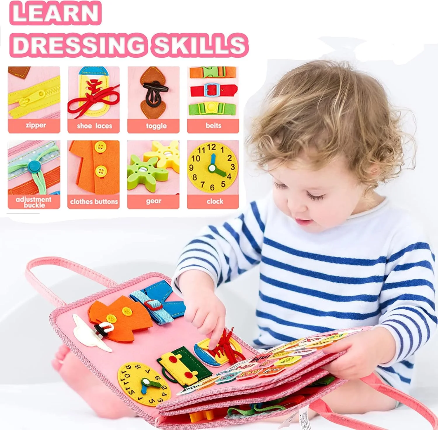 بورد آموزشی Beauenty، اسباب بازی های مونته سوری برای کودکان نوپا جهت توسعه مهارت های اساسی، اسباب بازی های آموزشی مسافرتی برای یادگیری مهارت های اولیه لباس پوشیدن، حسی برای پسران و دختران 3 و 4 ساله، هدیه تولد برای کودکان (صورتی)