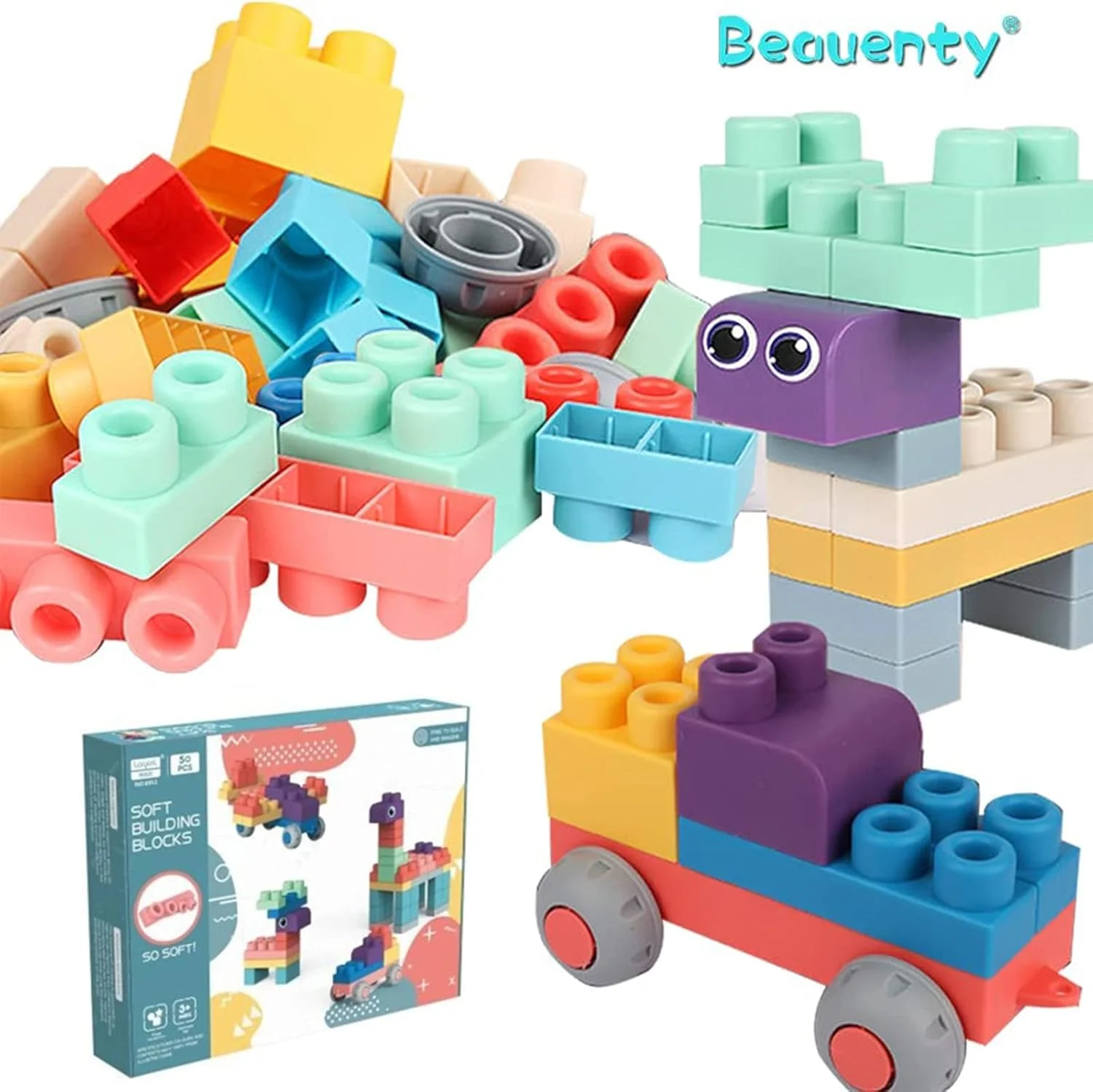 بلوک‌های ساختمانی نرم و انعطاف‌پذیر بوئنتی، اسباب‌بازی آموزشی زودهنگام، قابل جوشاندن و گاز گرفتن، و ساخت یک سنگ چیدمان حسی آموزش پیش‌دبستانی، مناسب برای اسباب‌بازی بلوک‌های کودک 1-3 ساله (50 عددی)