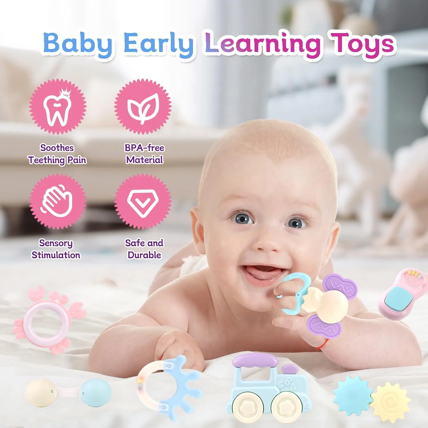 جغجغه و دندان گیر کودک به همراه جعبه نگهداری - 14 تکه، ساخته شده از سیلیکون نرم و فاقد BPA، اسباب بازی های حسی نوزاد، مناسب برای آموزش زودهنگام کودکان 3، 6، 9 و 12 ماهه (14 تکه)