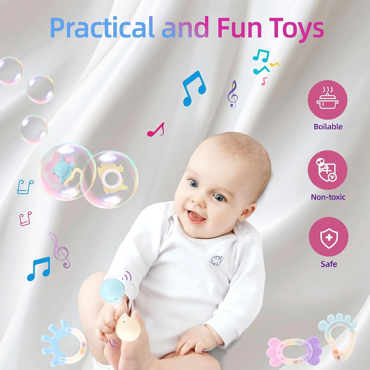 جغجغه و دندان گیر کودک به همراه جعبه نگهداری - 14 تکه، ساخته شده از سیلیکون نرم و فاقد BPA، اسباب بازی های حسی نوزاد، مناسب برای آموزش زودهنگام کودکان 3، 6، 9 و 12 ماهه (14 تکه)