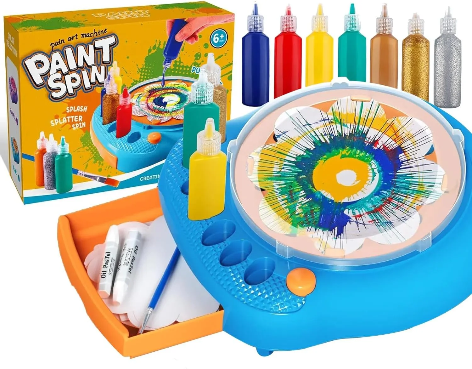 کیت هنر چرخش رنگ DIY برای کودکان، مجموعه اسباب بازی های چرخان رنگ هنر و صنایع دستی، ماشین نقاشی هنری آموزشی حسی، اسباب بازی ماشین طراحی چرخش رنگارنگ برای کودکان 5+ (آبی)