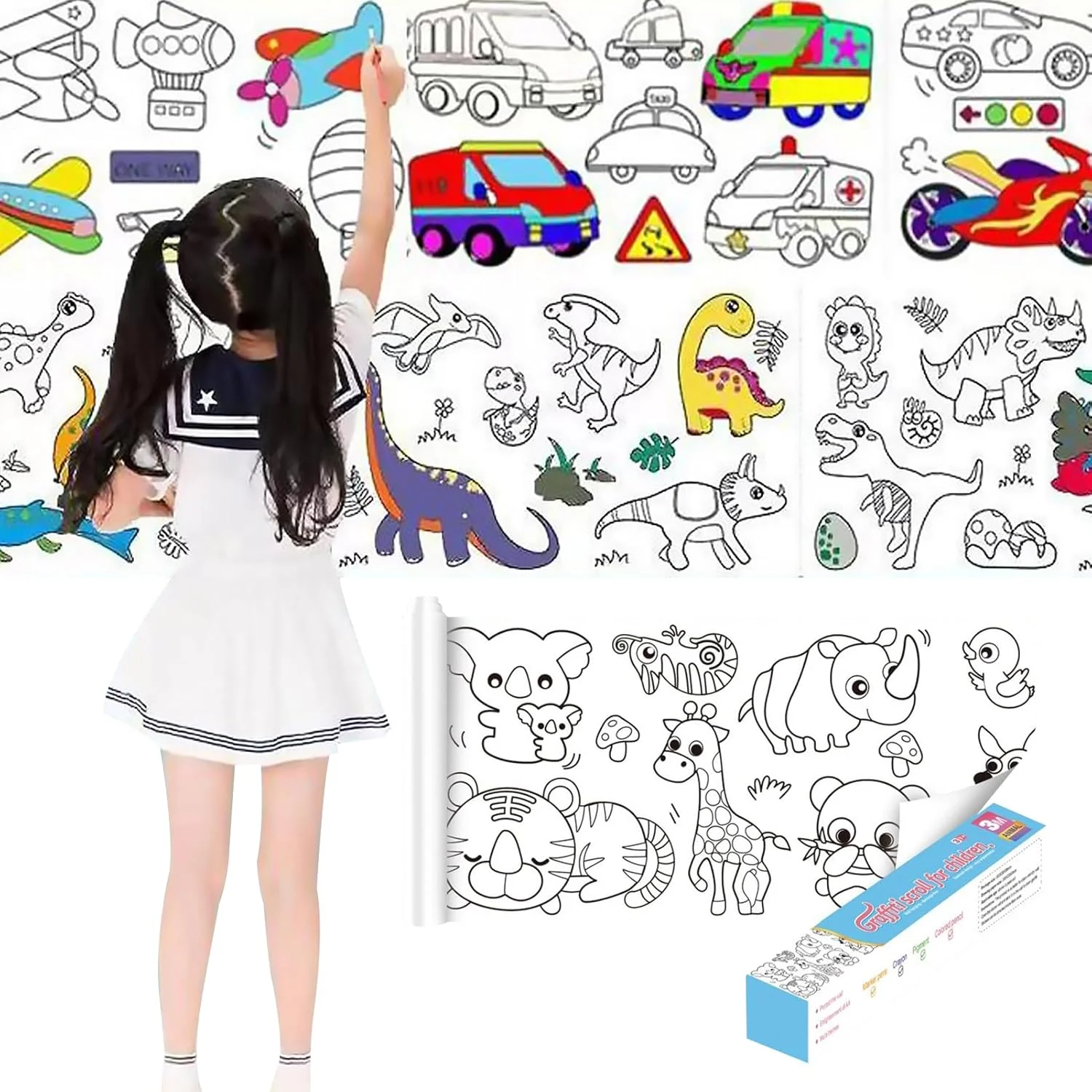 رول نقاشی کودکان Beauenty، رول کاغذ رنگ آمیزی چسبی DIY، کاغذهای پرکننده نقاشی برای کودکان نوپا 300 * 30 سانتی متر، اسباب بازی های آموزشی اولیه برای کودکان (دنیای حیوانات)