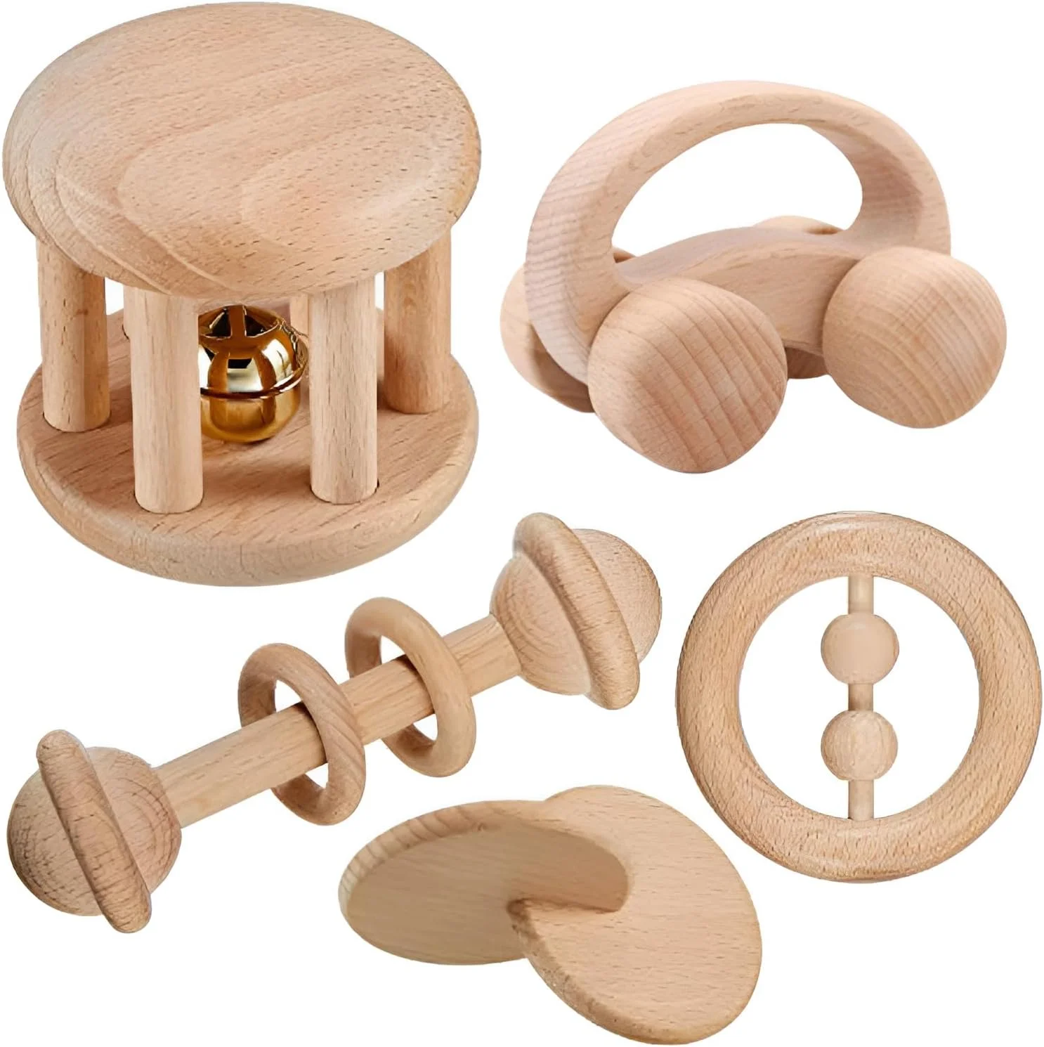 اسباب بازی های چوبی مونته سوری Beauenty، 5 تکه، جغجغه چوبی برای نوزاد 3-12 ماهه، با زنگوله، جغجغه های غلتکی و ماشین فشاری، اسباب بازی های چوبی مونته سوری برای نوزادان پسر و دختر، هدیه