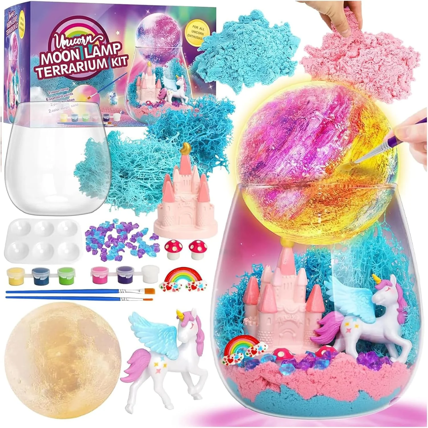 هدیه تک شاخ برای دختران، کیت تراریوم تک شاخ برای کودکان، کیت کاردستی تراریوم روشن با چراغ ماه DIY، اسباب بازی های تک شاخ DIY برای دختران، هدیه تولد هنری و صنایع دستی برای دختران 4-12 ساله