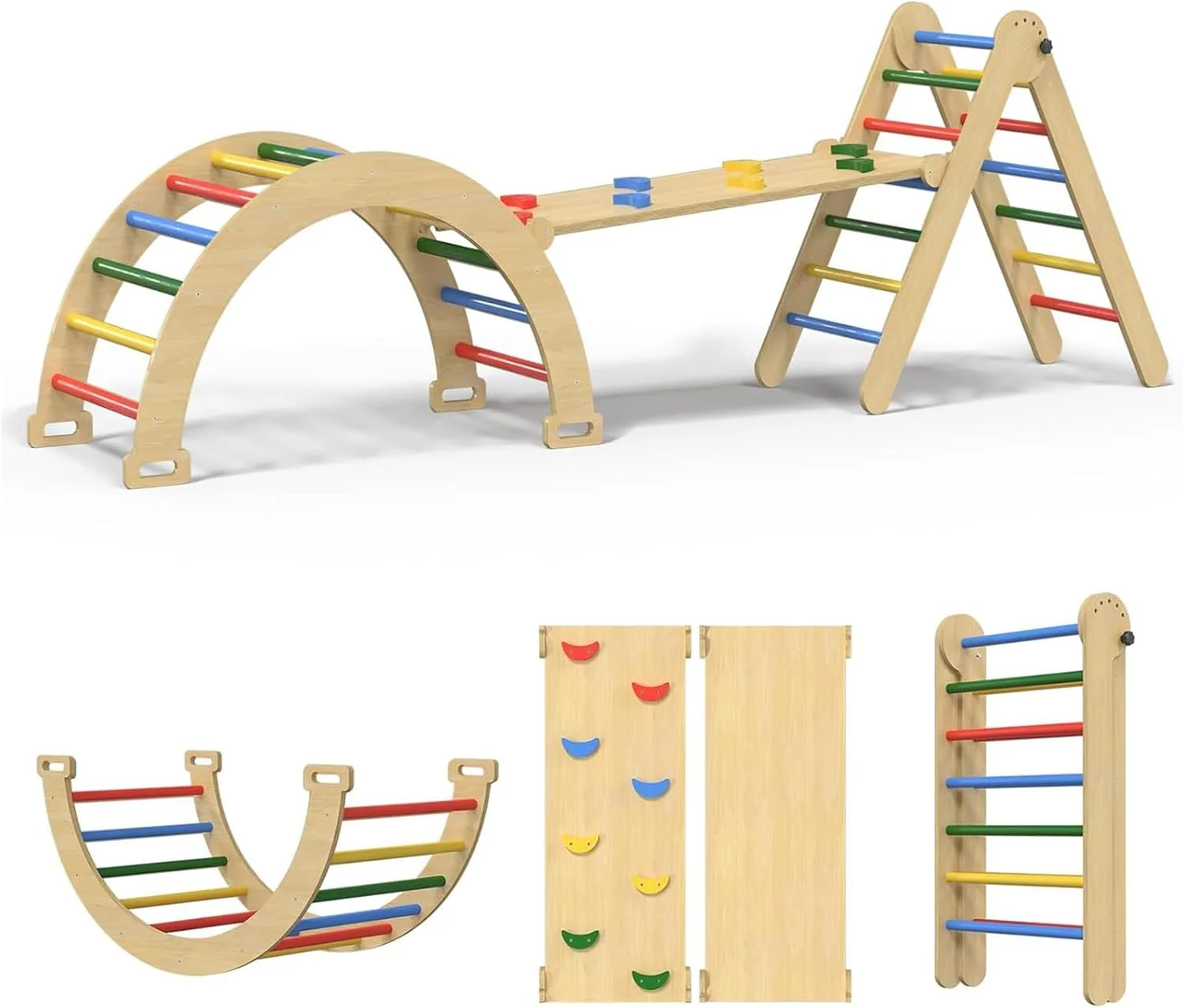 مجموعه اسباب بازی صخره نوردی کودک Beauenty، مجموعه مثلثی رنگین کمانی Pikler 5 در 1، مجموعه صخره نوردی چوبی رنگین کمانی مونته سوری 3 تکه مناسب برای کودکان 3+ ساله مناسب برای پارک، داخل خانه، فضای باز (4 رنگ)