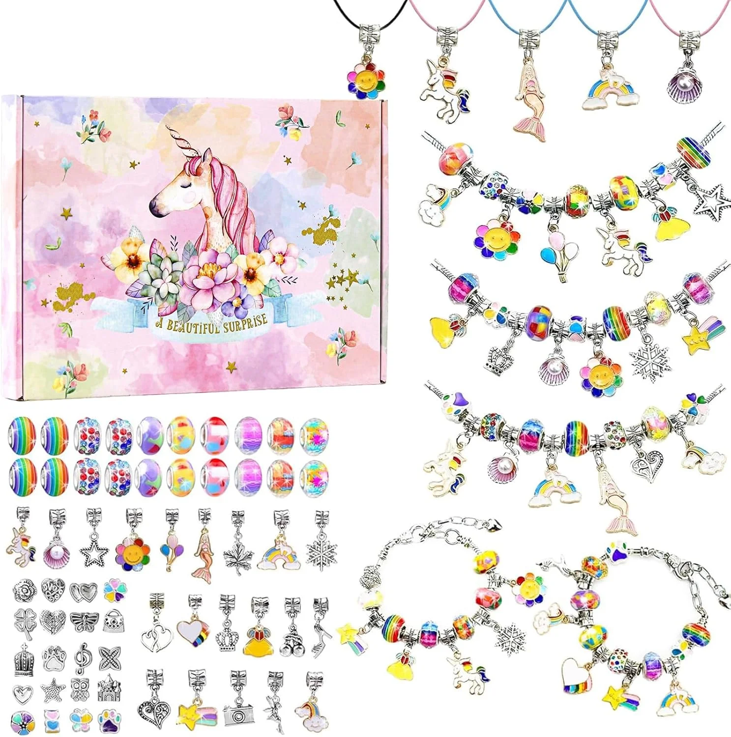 مجموعه ساخت دستبند Beauenty برای دختران، مجموعه 66 عددی دستبندهای جذاب رنگین کمانی با جعبه جواهرات، دستبند برای کاردستی DIY، هدیه دستبند برای بزرگسالان و کودکان، هدیه برای دختران 8-12 ساله