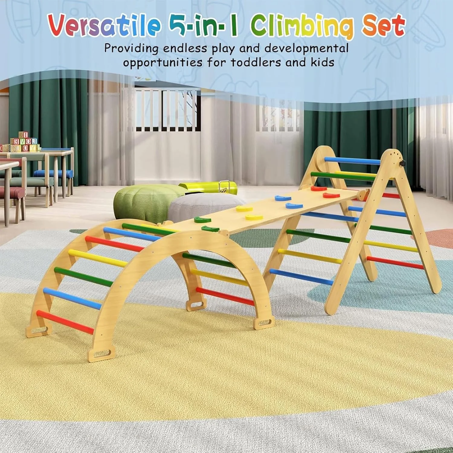 مجموعه اسباب بازی صخره نوردی کودک Beauenty، مجموعه مثلثی رنگین کمانی Pikler 5 در 1، مجموعه صخره نوردی چوبی رنگین کمانی مونته سوری 3 تکه مناسب برای کودکان 3+ ساله مناسب برای پارک، داخل خانه، فضای باز (4 رنگ)