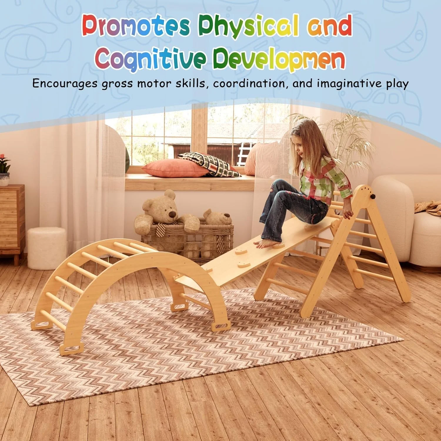 مجموعه اسباب بازی صعود کودک Beauenty، مجموعه مثلثی پیکلر چوبی 5 در 1، مجموعه صعود مونته سوری رنگی چوبی 3 تکه مناسب برای کودکان 3+ سال، مناسب برای پارک، داخل خانه، فضای باز، خانه (رنگ چوب)