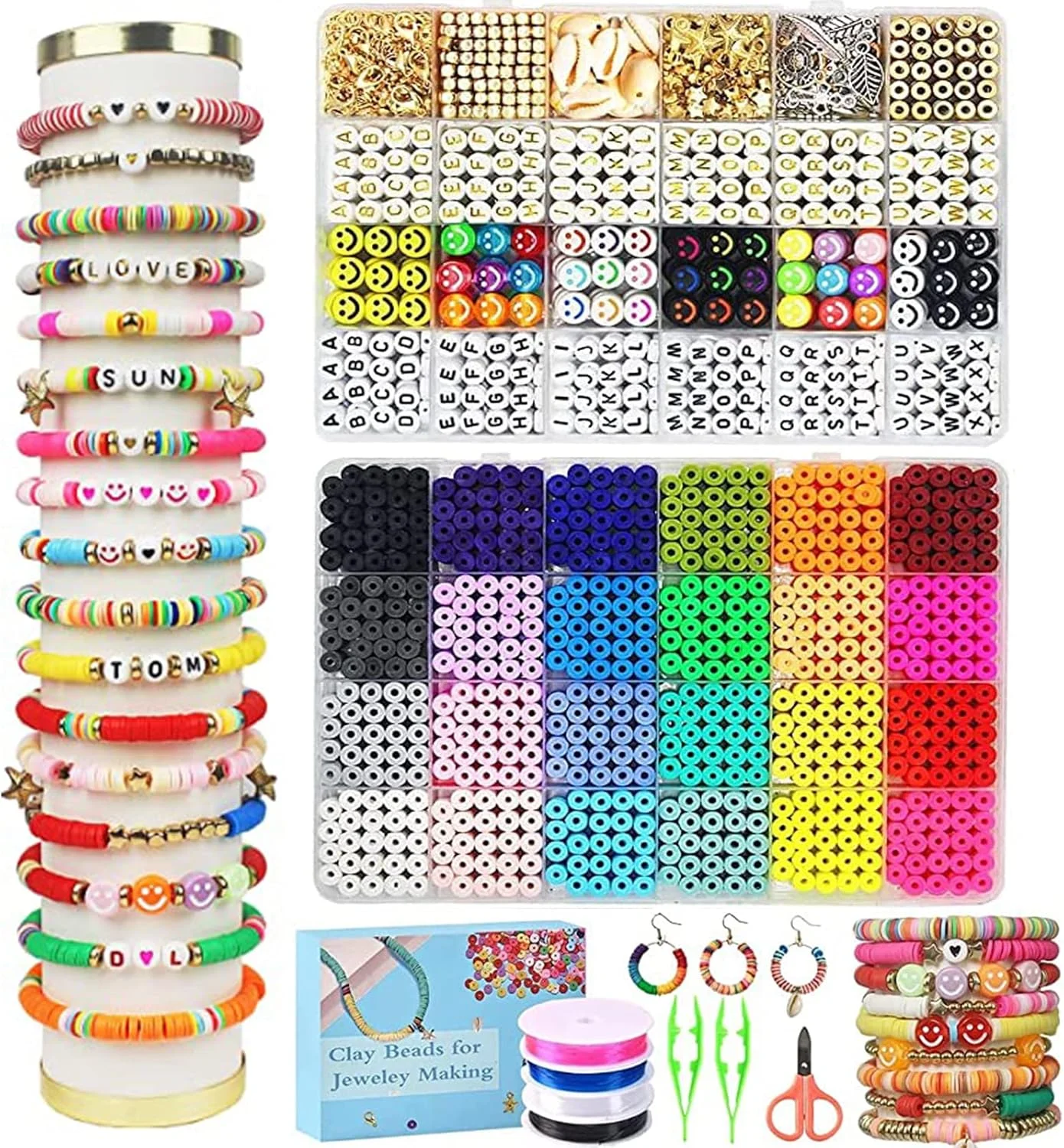 مهره های DIY برای ساخت جواهرات، کیت ساخت دستبند مهره های رسی تخت/شیشه ای 7200 عددی با 24 رنگ به همراه مجموعه مهره های صورتک خندان و مهره های حروف، هدیه دست ساز DIY برای لوازم دخترانه مجموعه هنری