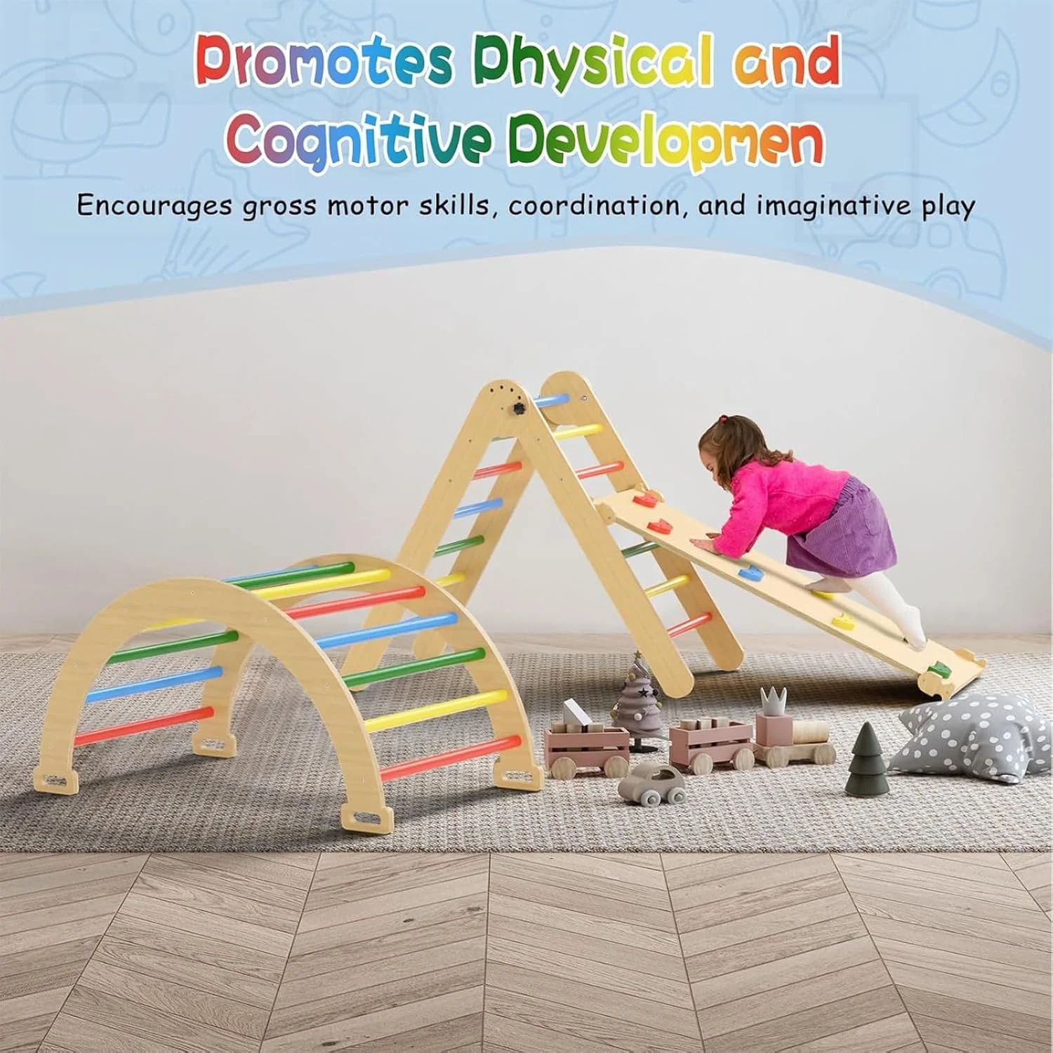 مجموعه اسباب بازی صخره نوردی کودک Beauenty، مجموعه مثلثی رنگین کمانی Pikler 5 در 1، مجموعه صخره نوردی چوبی رنگین کمانی مونته سوری 3 تکه مناسب برای کودکان 3+ ساله مناسب برای پارک، داخل خانه، فضای باز (4 رنگ)