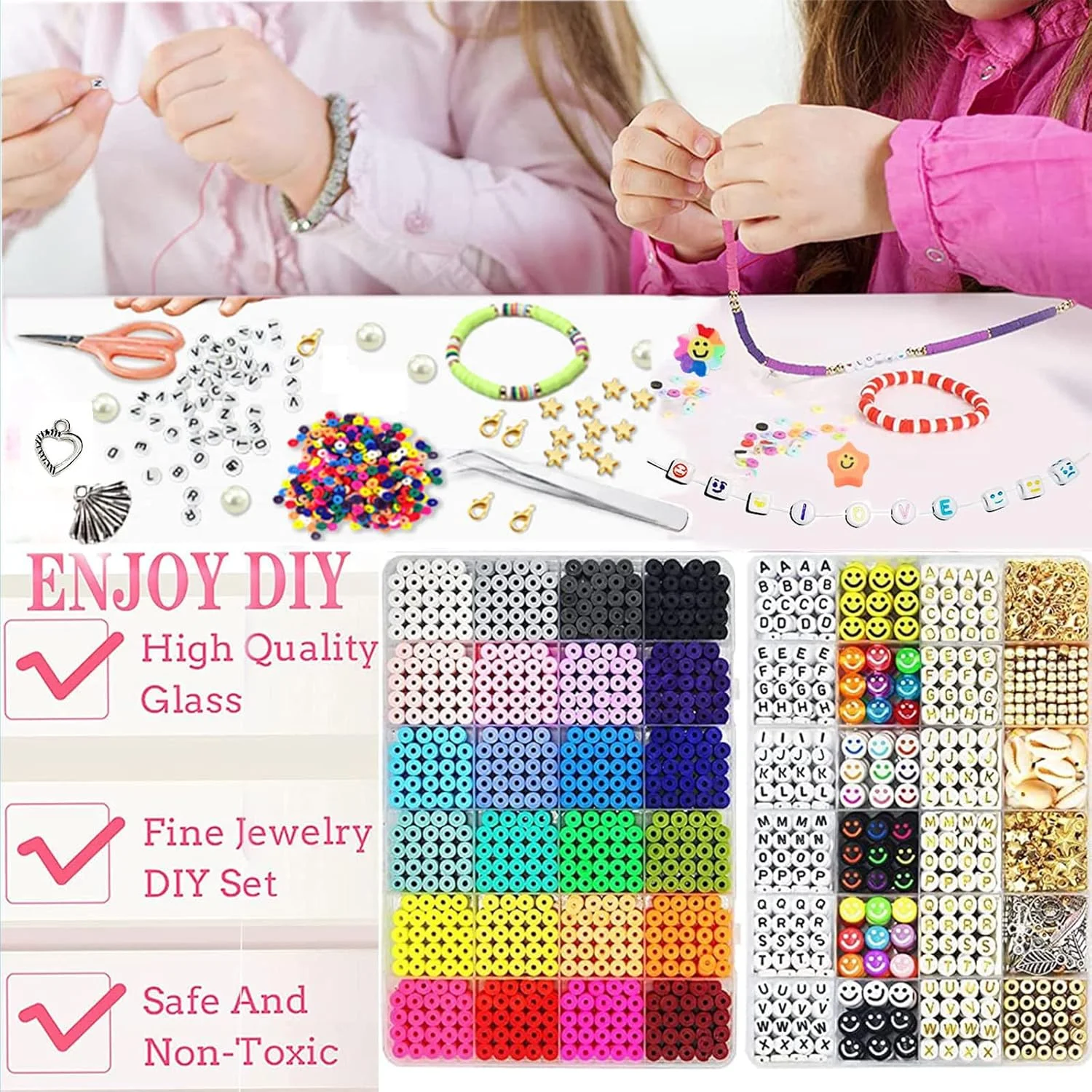 مهره های DIY برای ساخت جواهرات، کیت ساخت دستبند مهره های رسی تخت/شیشه ای 7200 عددی با 24 رنگ به همراه مجموعه مهره های صورتک خندان و مهره های حروف، هدیه دست ساز DIY برای لوازم دخترانه مجموعه هنری