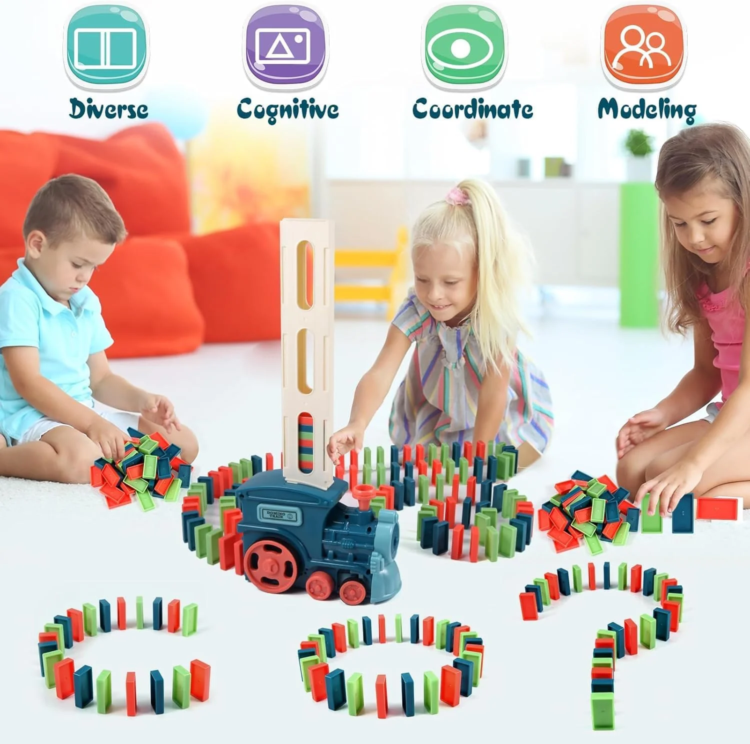 مجموعه قطار دومینو AWH – 60 قطعه، اسباب بازی ساختنی مونته سوری STEM برای کودکان 3 تا 8 سال | قطار چیدمان دومینو اتوماتیک با نور و صدا | هدیه آموزشی برای پسران و دختران 4، 5، 6 و 7 ساله