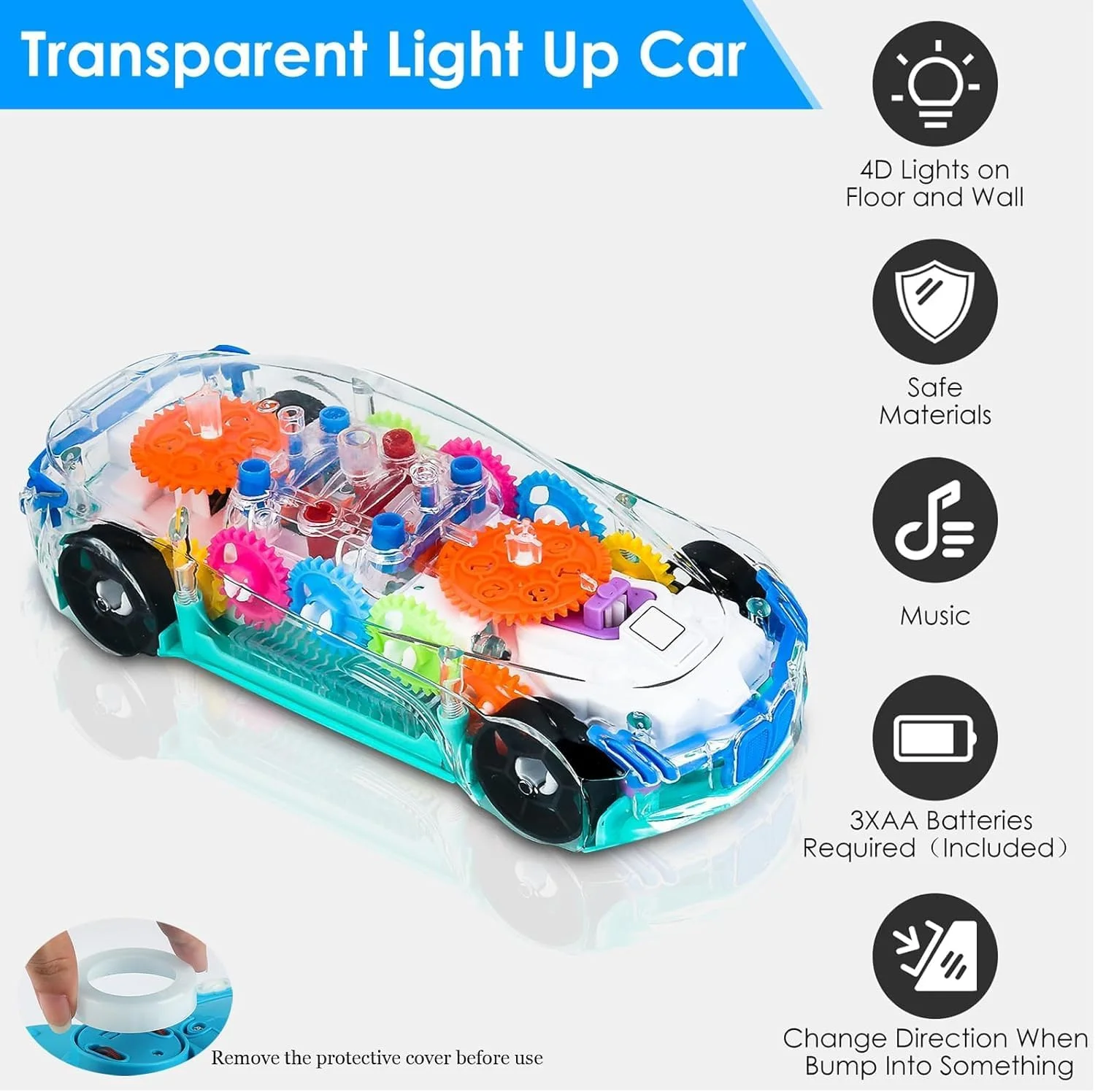 ماشین اسباب بازی موزیکال شفاف AWH با چراغ های سه بعدی - وسیله نقلیه تعاملی روشن با چرخ دنده های متحرک و صداها، اسباب بازی آموزشی برای کودکان نوپا 2-5 ساله، طراحی چند رنگ