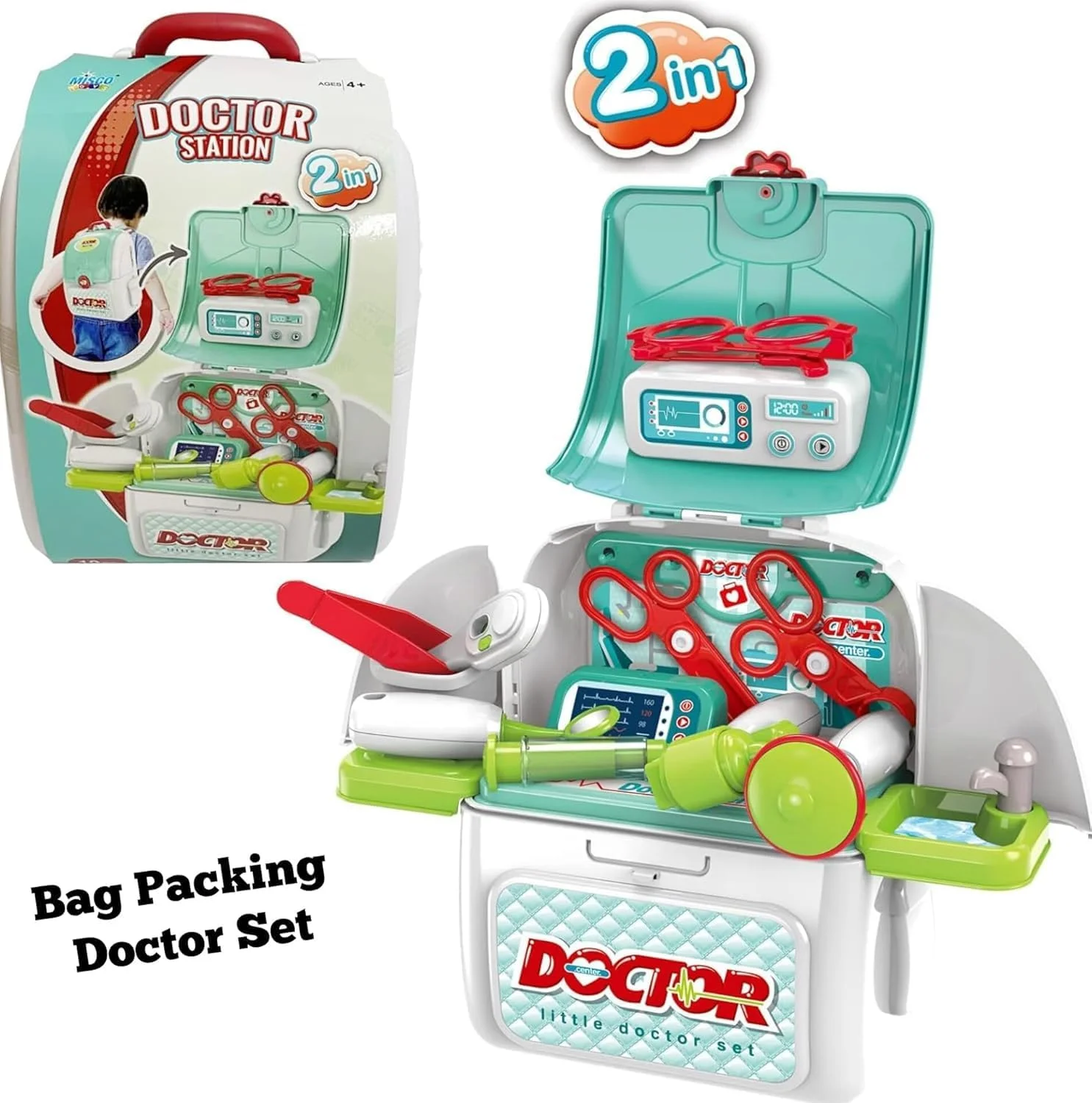 مجموعه اسباب بازی پزشکی کودک 2 در 1 - کیت پزشکی خیالی با کوله پشتی و چمدان تبدیل شونده، اسباب بازی آموزشی برای پسران و دختران 3 سال به بالا