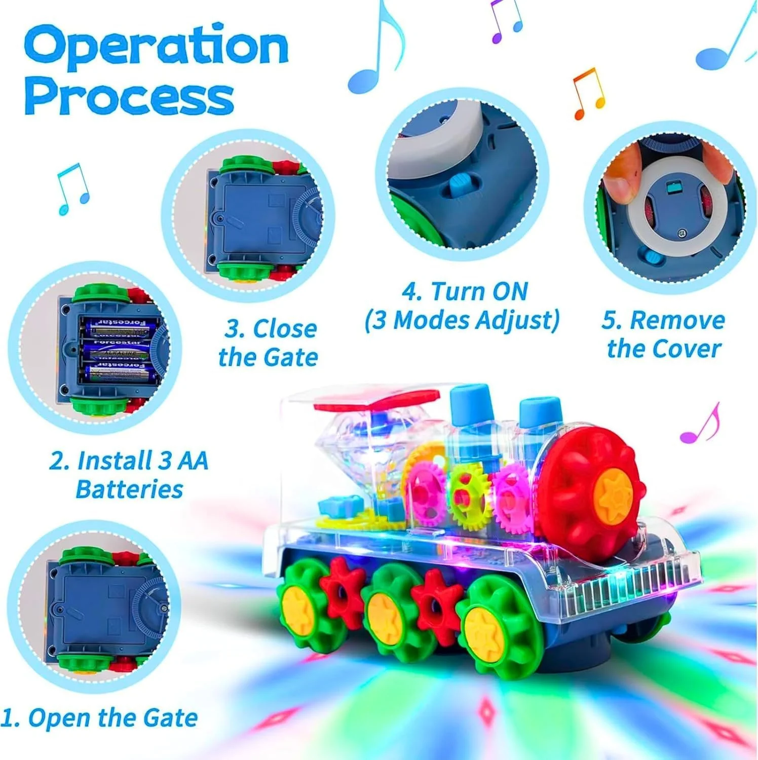 اسباب بازی قطار برقی شفاف AWH - لوکوموتیو چرخان 360 درجه با چراغ های رنگارنگ، موسیقی و چرخ دنده های متحرک قابل مشاهده - اسباب بازی آموزشی برای پسران و دختران 3 سال به بالا