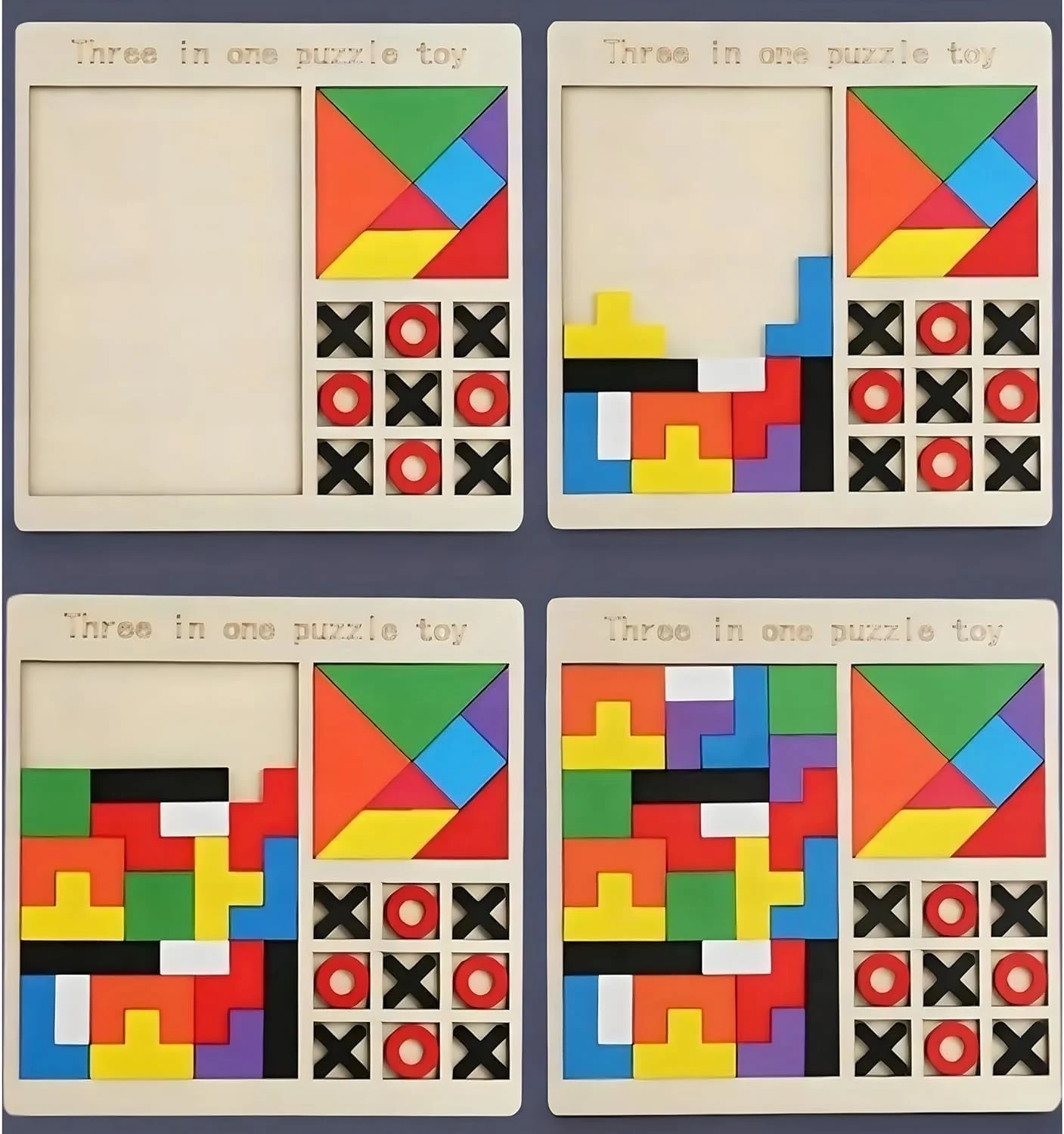 مجموعه بازی آموزشی چوبی 3 در 1 AWH - پازل تانگرام، بازی دوز و معماهای فکری - اسباب بازی مونته سوری برای کودکان 3 سال به بالا، بازی سرگرم کننده تشخیص شکل و تفکر منطقی
