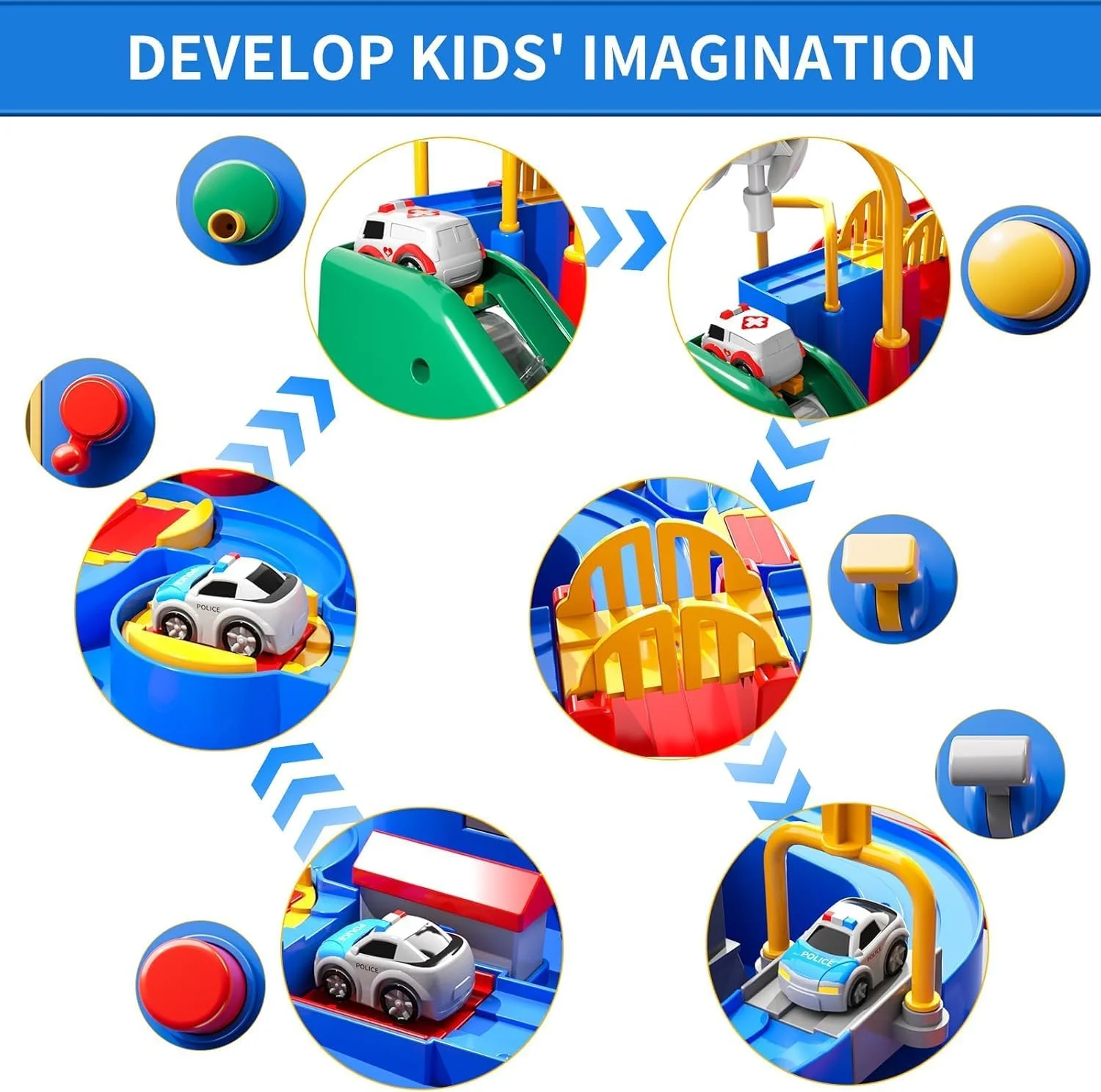 اسباب بازی ماجراجویی پیست مسابقه کودکان – مجموعه بازی تعاملی نجات شهر با سیستم ماشین ریلی پازلی و مسیرهای دارای آهنربا – اسباب بازی های ماجراجویی اتومبیل سرگرم کننده و آموزشی برای پسران و دختران