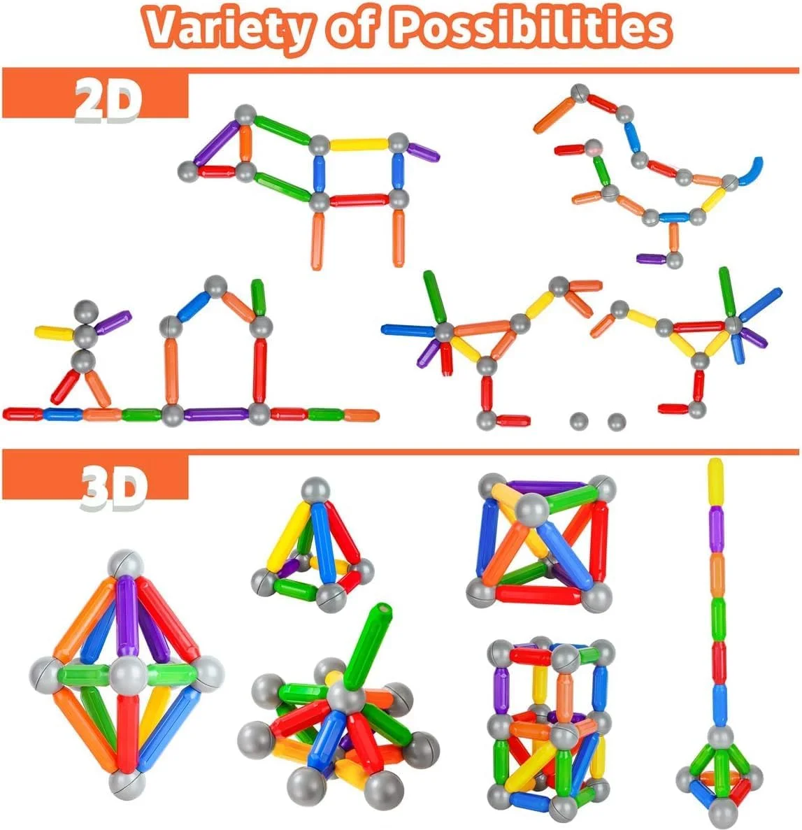 مجموعه ساختنی میله و توپ مغناطیسی AWH 42 قطعه – اسباب بازی ساخت و ساز STEM با میله ها و بلوک های رنگارنگ برای بازی مهندسی خلاقانه – مجموعه مغناطیسی آموزشی برای کودکان