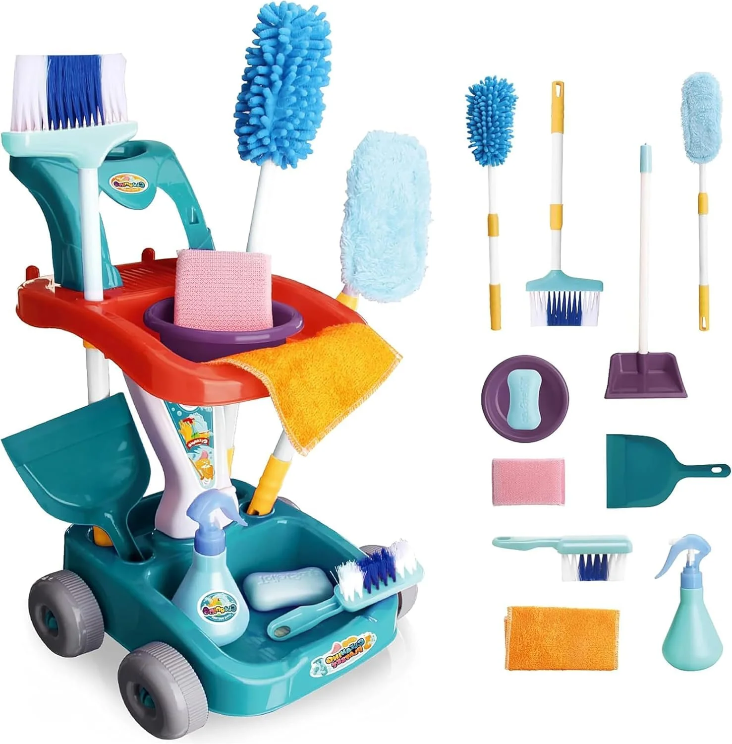 مجموعه اسباب بازی نظافت کودک AWH - جارو، تی، خاک انداز و چرخ دستی - بازی آموزشی برای پسران و دختران 1 تا 3 سال، ایده آل برای تعطیلات و سرگرمی روزمره