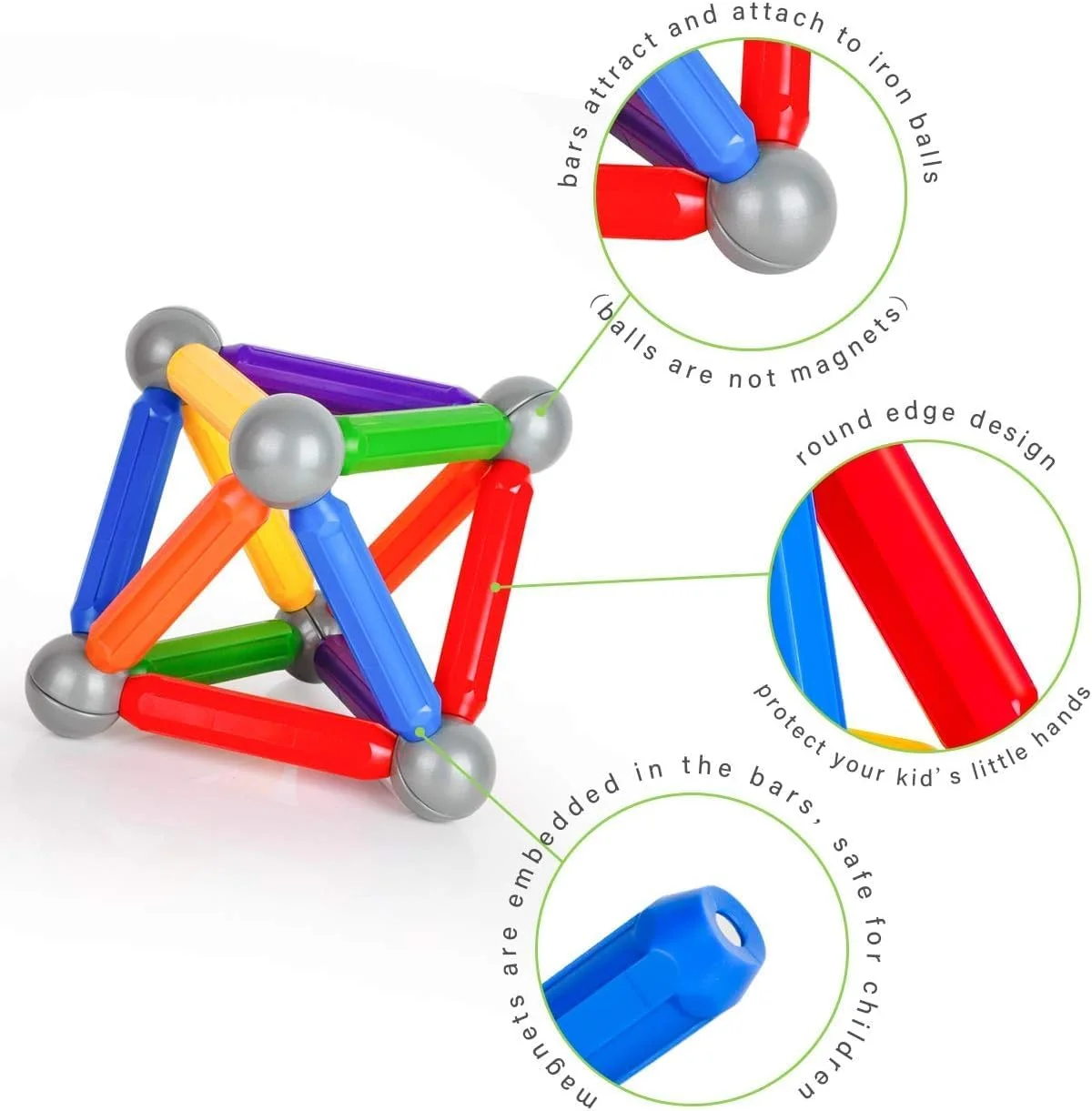 مجموعه ساختنی میله و توپ مغناطیسی AWH 42 قطعه – اسباب بازی ساخت و ساز STEM با میله ها و بلوک های رنگارنگ برای بازی مهندسی خلاقانه – مجموعه مغناطیسی آموزشی برای کودکان