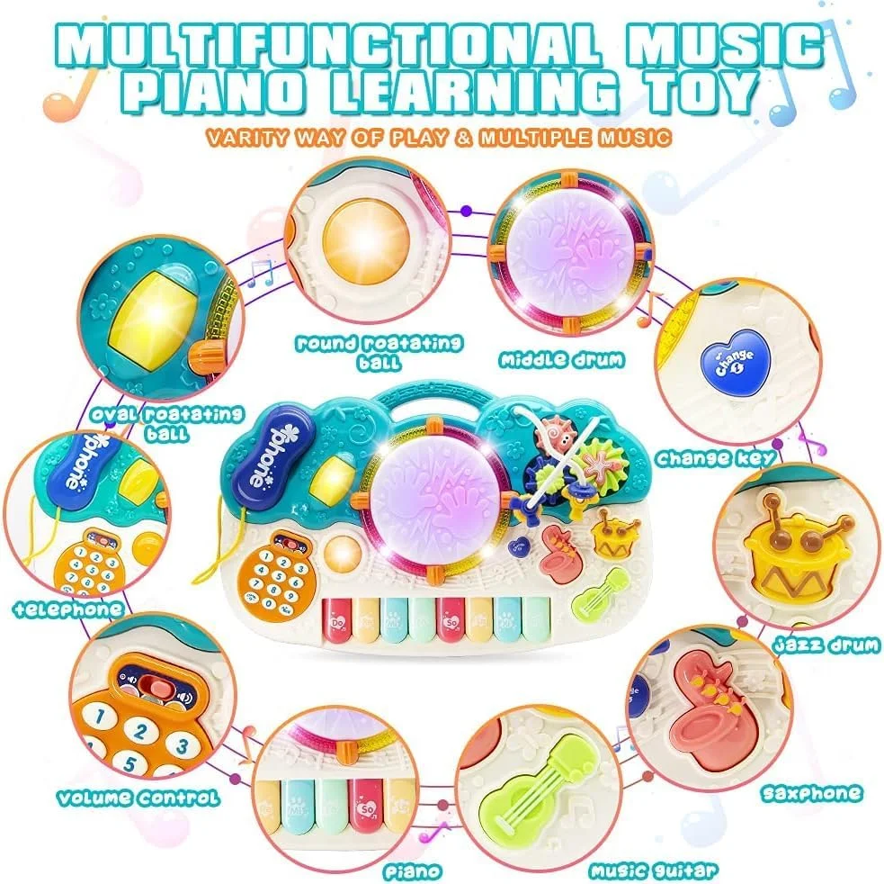 اسباب بازی موزیکال کودک 6 در 1 AWH - پیانو، درام و مجموعه آلات موسیقی کودک نوپا برای 12-18 ماه - اسباب بازی فعالیت آموزشی رومیزی برای پسران و دختران