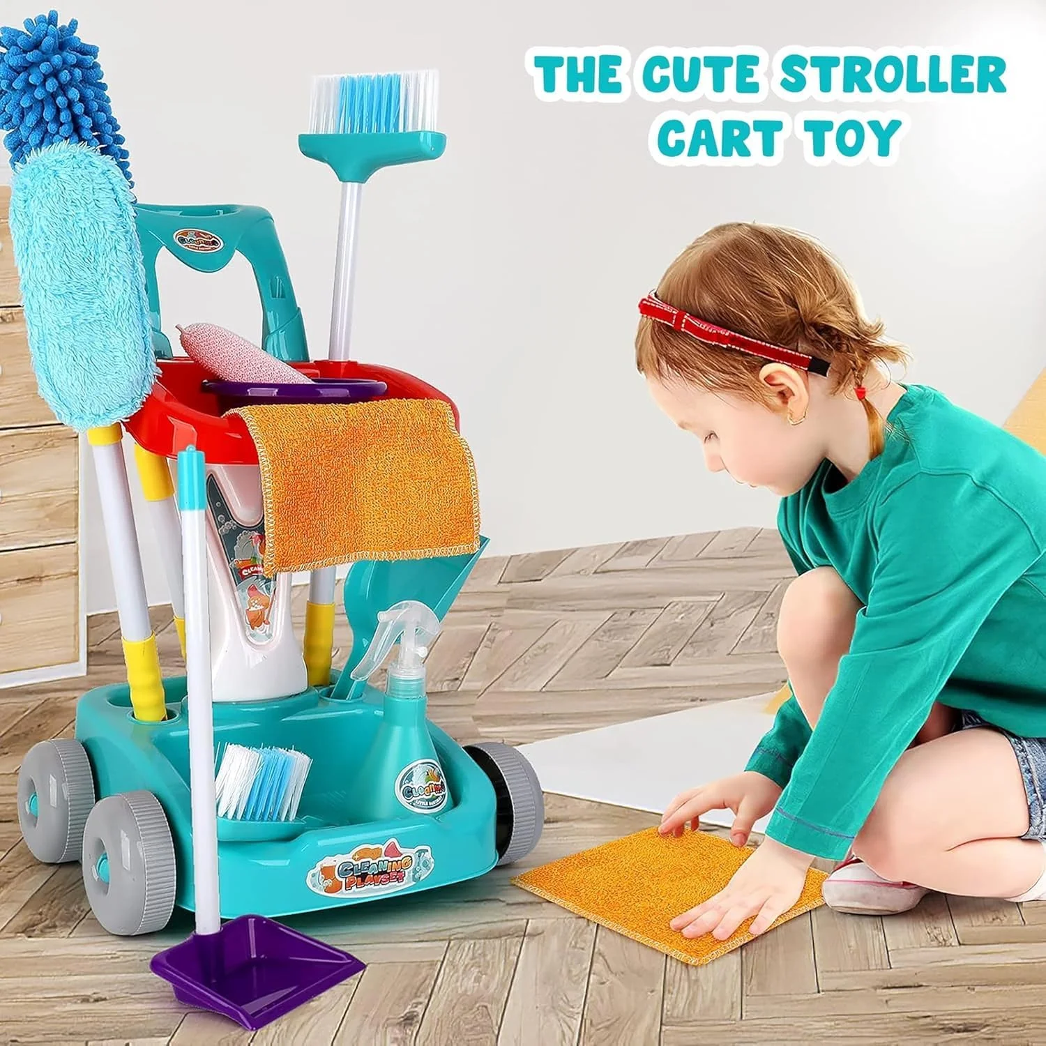 مجموعه اسباب بازی نظافت کودک AWH - جارو، تی، خاک انداز و چرخ دستی - بازی آموزشی برای پسران و دختران 1 تا 3 سال، ایده آل برای تعطیلات و سرگرمی روزمره
