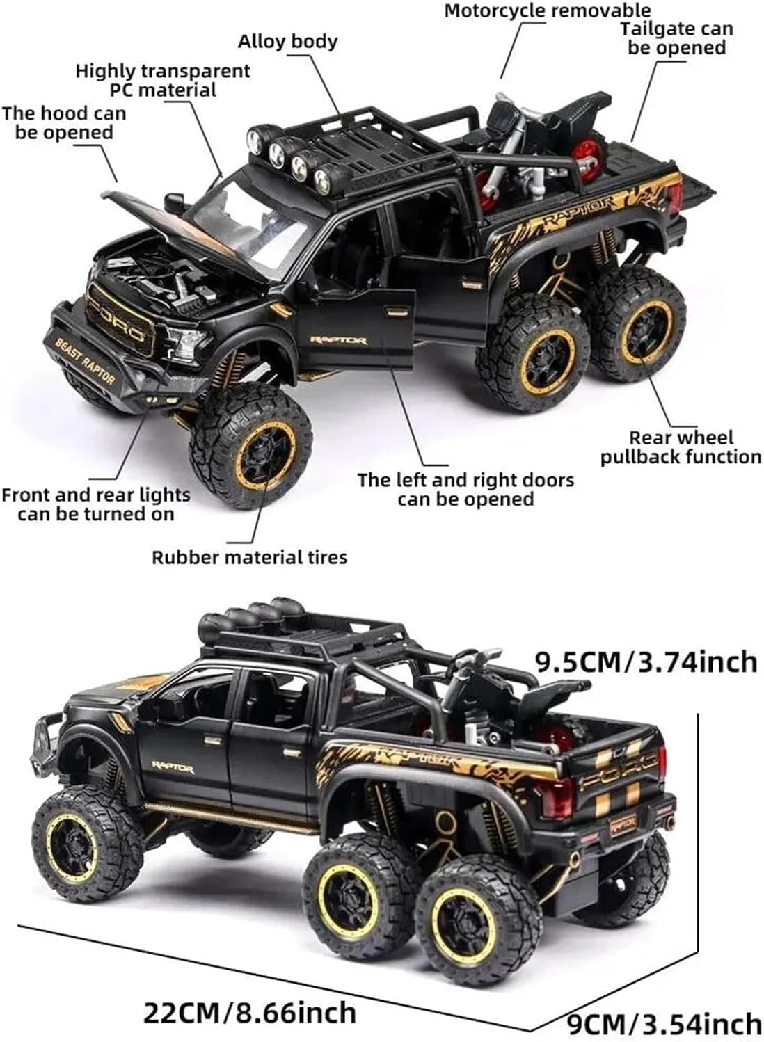 ماشین اسباب بازی وانت شش چرخ – مدل ماشین فلزی دایکاست با صدا و نور، شامل موتور سیکلت اسباب بازی – طراحی واقعی، وسیله نقلیه بازی بادوام و سرگرم کننده برای کودکان 3-12 سال، برای پسران و دختران – آبی