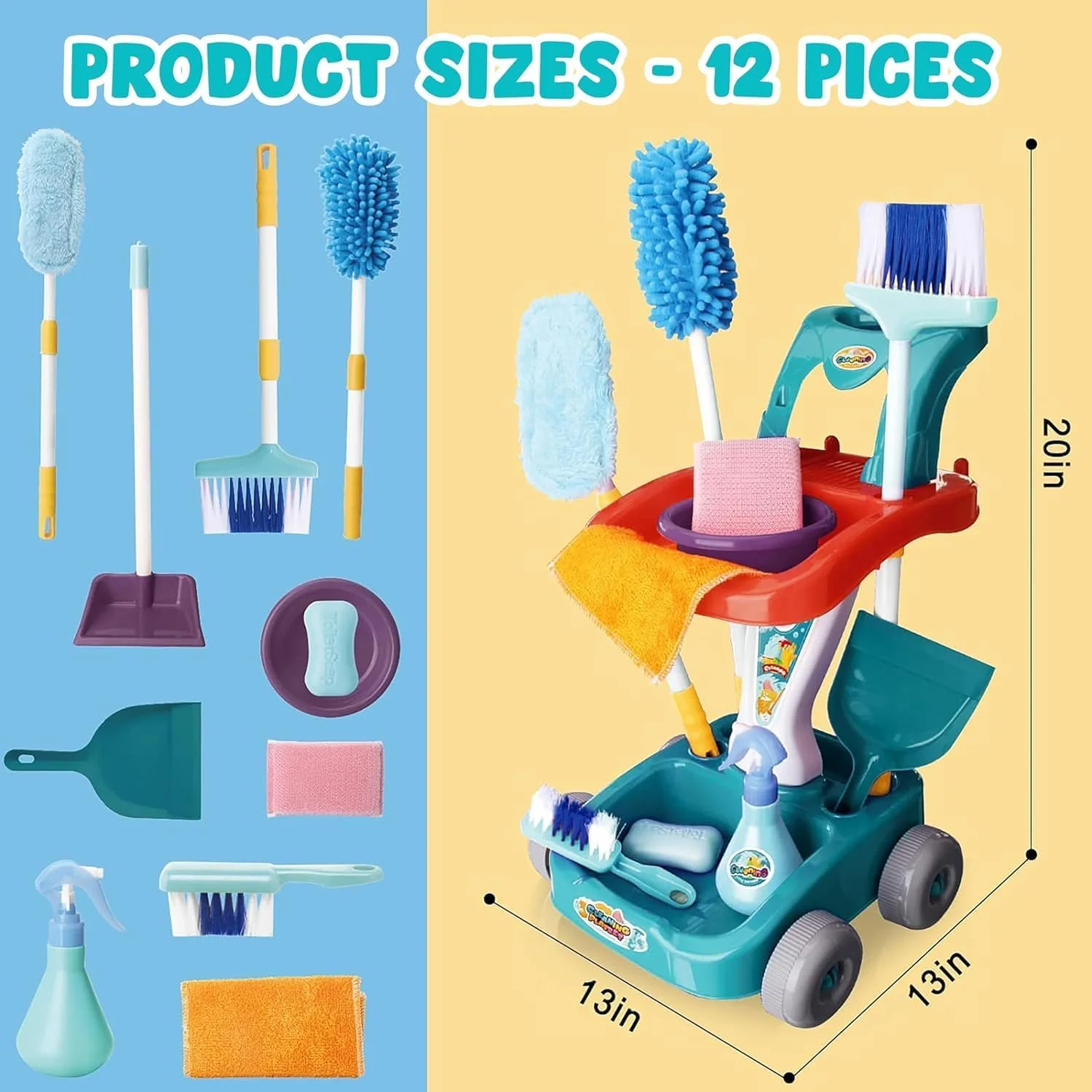 مجموعه اسباب بازی نظافت کودک AWH - جارو، تی، خاک انداز و چرخ دستی - بازی آموزشی برای پسران و دختران 1 تا 3 سال، ایده آل برای تعطیلات و سرگرمی روزمره